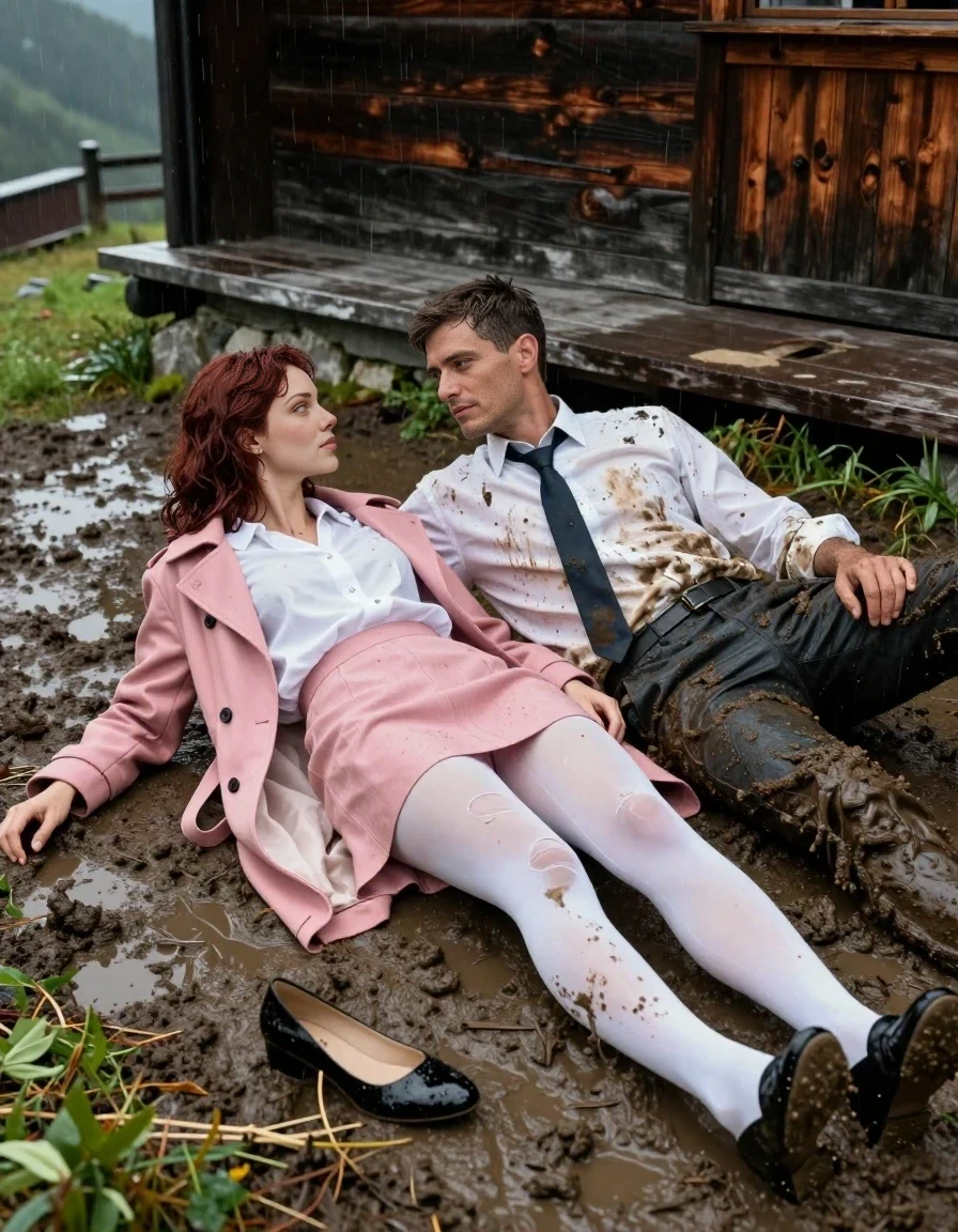 A realistic vertical fashion photograph of a young married couple lying together on the wet, muddy ground outside a mountain cabin after a rainstorm. On the left, a 25-year-old woman with shoulder-length dark auburn hair is wearing a soaking wet, mud-stained white blouse, a pink coat, a pink skirt, and white nylons that are torn, with her black flats removed nearby. She is lying back in the mud, looking up at her husband with an intimate, soft expression. On the right, an adult man is lying half-on top of her in the mud, his ruined white dress shirt and tie soaked and stained with mud. The ground is thick with mud and rain puddles. The cabin exterior is visible in the background with rustic wood walls. The lighting is soft and moody after the rain. The camera is at eye level, capturing a medium shot of both people.