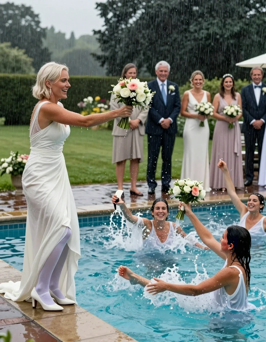 A realistic vertical photograph of a wedding bouquet toss at a country club pool during a rainstorm. On the left, Roxy is an icy platinum blonde woman with a short, drenched, and slicked-back bob, wearing a white wedding gown, white stockings, and white pumps, all fully soaked and clinging to her. She is laughing and just finished throwing a bouquet into the pool. In the water, several bridesmaids in formal gowns are splashing and diving for the flowers, their dresses, stockings, and heels completely saturated. In the background, other wedding guests in formalwear are watching, all drenched by the heavy rain. The setting is a country club lawn and pool, evening, moody lighting, professional photography.