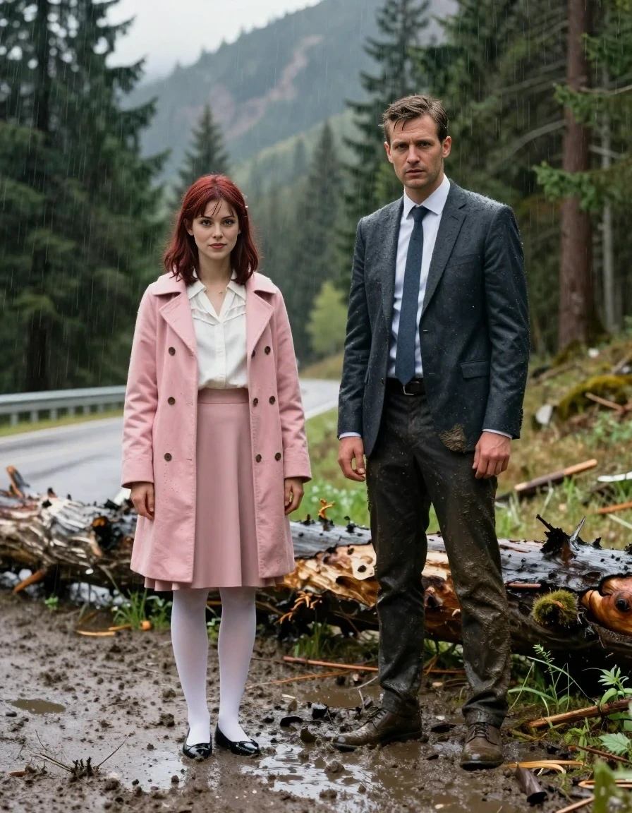 A realistic vertical fashion photograph of a young married couple in the mountains during a rainy day. On the left, a 25-year-old woman with shoulder-length dark auburn hair is wearing a white blouse, a pink coat, a pink skirt, white nylons, and black flats, standing in the mud. On the right, an adult man is wearing a formal suit and tie, also covered in mud from the ground. They are standing near a fallen tree on a forest road. The woman has a playful, determined expression. The scene is set in a mountain forest with tall trees, moody natural lighting, and heavy rain. The ground is muddy and wet. The camera is at eye level, capturing a medium shot of both people.