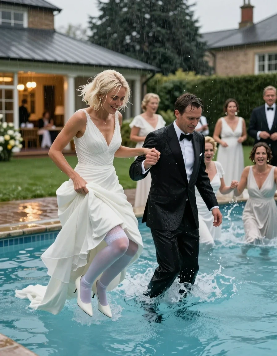 A realistic vertical photograph of the wedding pool party at the country club. On the left, Roxy is an icy platinum blonde woman with a short, drenched, and slicked-back bob, wearing a white wedding gown, white stockings, and white pumps, all fully saturated and clinging to her. She is jumping into the pool holding hands with Joseph, an adult man in a soaked black tuxedo. In the background, the clubhouse lights are blurred by the heavy rain, and other wedding guests, including bridesmaids and mothers in their soaked formal gowns, are splashing and laughing in the pool. The setting is a country club lawn by a pool, evening, moody lighting, professional photography.