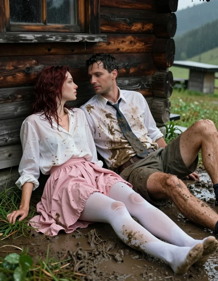 A realistic vertical fashion photograph of a young married couple lying together on the wet, muddy ground outside a mountain cabin after a rainstorm. On the left, a 25-year-old woman with shoulder-length dark auburn hair is wearing a soaking wet, mud-stained white blouse and torn white nylons, with her pink coat and skirt discarded nearby. She is lying back against the wooden cabin wall, looking up at her husband with an intimate, soft expression. On the right, an adult man is lying half-on top of her in the mud, wearing only a soaked, mud-stained white dress shirt, tie, underpants, and socks. The ground is thick with mud and rain puddles. The cabin exterior is visible in the background with rustic wood walls. The lighting is soft and moody after the rain. The camera is at eye level, capturing a medium shot of both people.