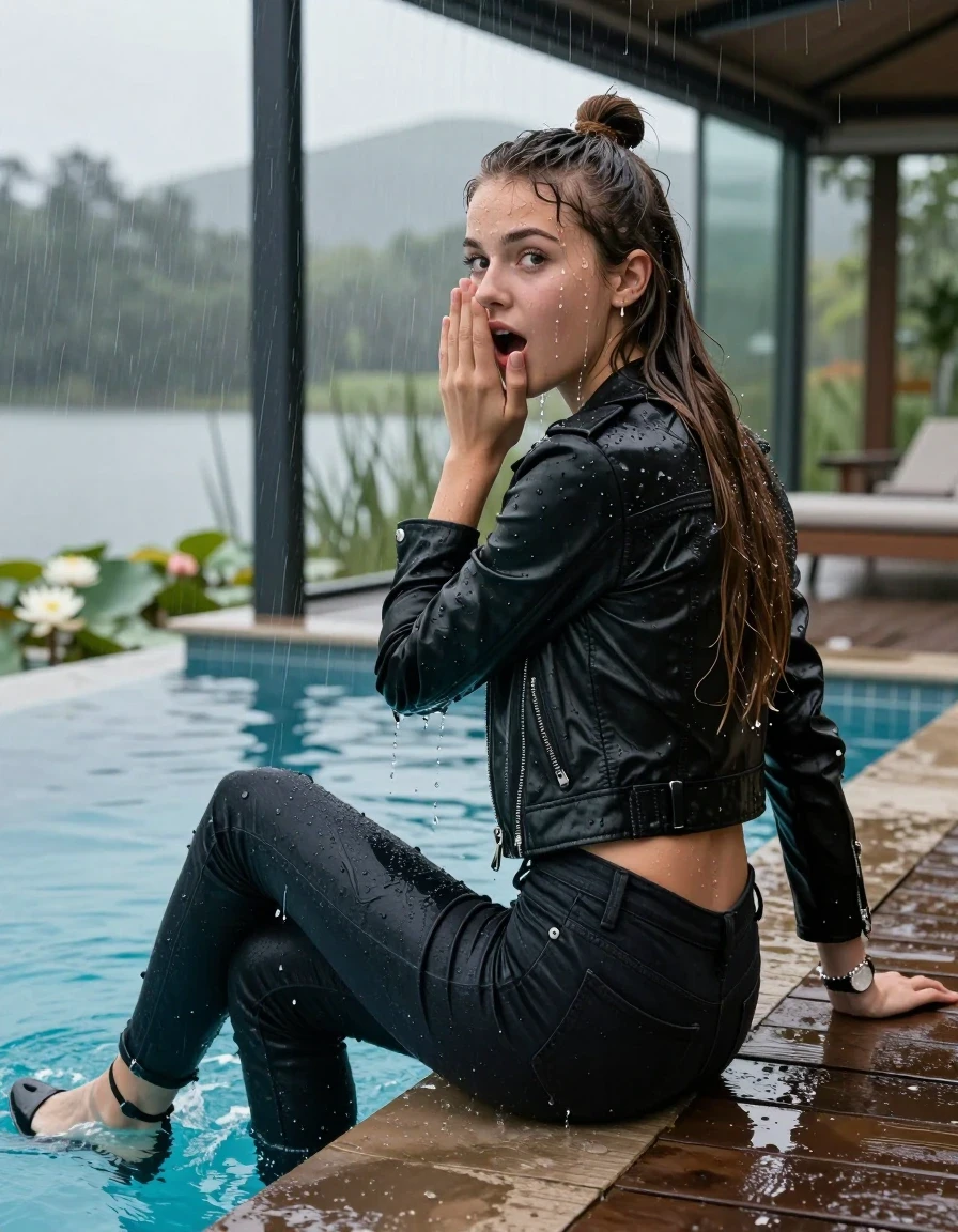 photo of young woman, in soaking wet, drenched clothes,
High heels, Tight dark Levis skinny jeans, biker leatherjacket, crop top, shoulderbag, pearl necklace, bracelet, wristwatch, jetty by the lake with water lilies and reeds, 
enjoying, wet clothes stuck to body,
detailed textures of the wet clothes, wet face, wet plastered hair,
wet, drenched, professional, high-quality details, full body view.
sharp focus, ultra-high pixel detail, realistic, high-quality, full colors, incredibly detailed, 4k, 8k, 16k, hyper-realistic, RAW photo, masterpiece, ultra-detailed, professionally color graded, professional photograph, A realistic vertical fashion photograph taken from a backward, behind-the-back angle of a Young horny 12-year-old teengirl sitting, leaning forward and let her falling in a glass-walled outdoor swimming pool, facing up to the camera to show her back. 

She is tilting her head at camera, letting the water drench her hair so it is glued flat against her head and body. 
She has  brunette Sleek Long straight hair with a topknot, completely saturated and dripping wet hair, with water cascading down her face and neck. Shocked and astonished expression. She is a Little Bit fearful. Hold her hands over her mouth. Half Closed eyes.

The lighting is bright and cinematic, highlighting the glistening water droplets and the saturated texture of her  casual clothes. Outside the large glass wall of the pool building, heavy rain is visible falling against the window. Soft, moody indoor lighting with reflections on the water. High-quality fashion photography style.
her clothing is soaking wet and clinging tightly to her skin, showing heavy wet  darkened fabric texture, her clothes are heavy from the water, water runs from her body and her clothes in streams. A lot of water also runs out of her clothes. Her clothes are darkened by the water. 
hyper-realistic wetness, high-contrast water sheen, sharp focus, 16k resolution, professional photography, realistic water physics., wet skin, wet clothes, damp fabric., wet skin, wet clothes, damp fabric, wet skin, wet clothes, damp fabric, wet skin, wet clothes, damp fabric, wet skin, wet clothes, damp fabric, wet skin, wet clothes, damp fabric, wet skin, wet clothes, damp fabric, wet skin, wet clothes, damp fabric, wet skin, wet clothes, damp fabric, wet skin, wet clothes, damp fabric, wet skin, wet clothes, damp fabric