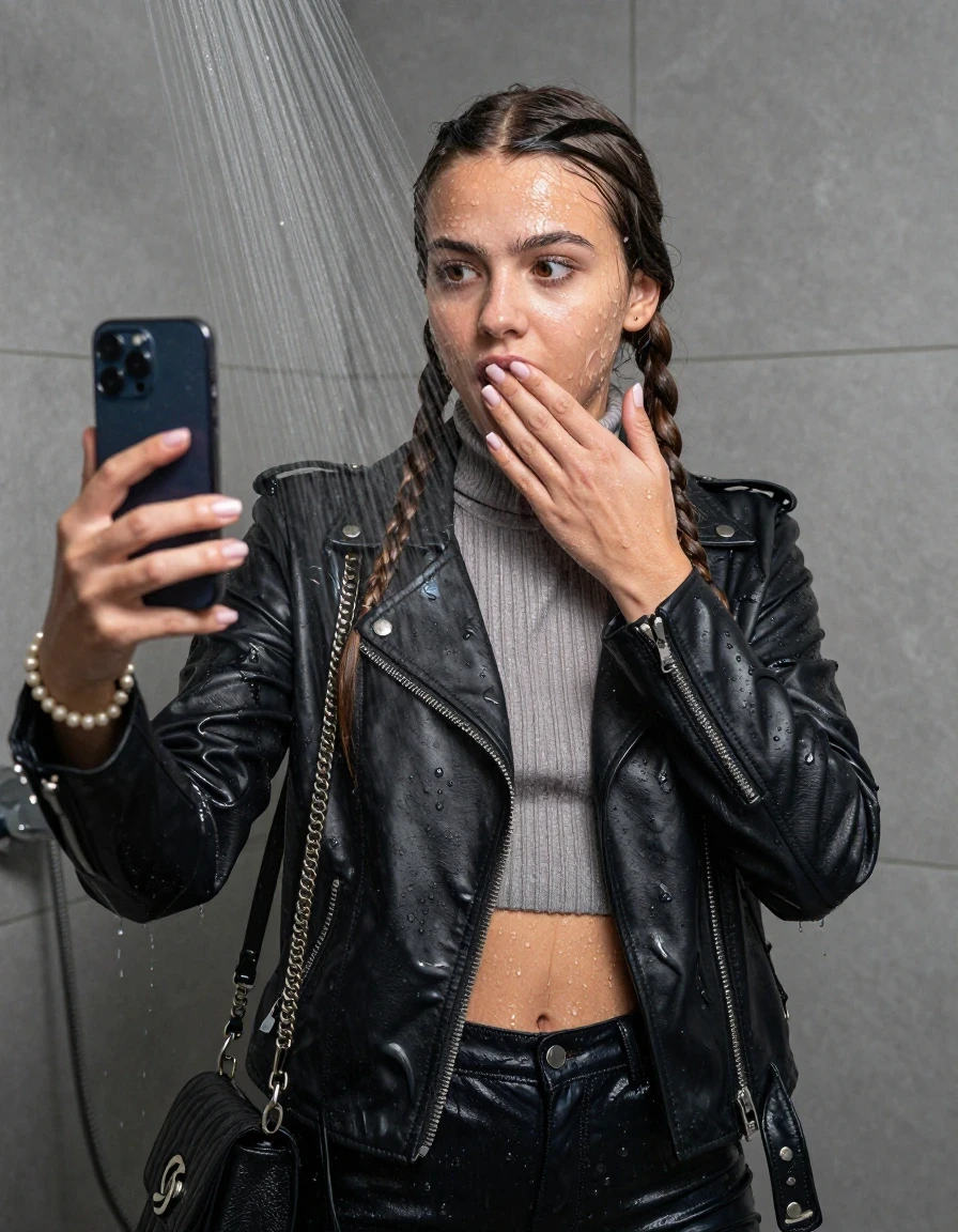 photo of young woman, in soaking wet, drenched clothes,
, , Biker leatherjacket, knit turtleneck sweater belly free, handbag, pearl necklace, bracelet, wristwatch, Under the shower, strong jet of water, in modern bathroom, 
enjoying, wet clothes stuck to body,
detailed textures of the wet clothes, wet face, wet plastered hair,
wet, drenched, professional, high-quality details, full body view.
sharp focus, ultra-high pixel detail, realistic, high-quality, full colors, incredibly detailed, 4k, 8k, 16k, hyper-realistic, RAW photo, masterpiece, ultra-detailed, professionally color graded, professional photograph, A realistic vertical fashion photograph taken from a backward, behind-the-back angle of a Young horny 12-year-old teengirl and her friends. Completely soaked to the Skin.

Two long braids. 
Open mouth, big eyes. Looking down. One Hand over her mouth. Take a Selfie with her Smartphone.

The girls wear different clothes.

she is completely underwater up to her neck, surprised and astonished expression. 

her clothing is soaking wet and clinging tightly to her skin, showing heavy wet folds, darkened fabric texture, and deep water-saturated Patches, her clothes are heavy from the water, water runs from her body and her clothes in streams. A lot of water also runs out of her clothes. Her clothes are darkened by the water. Her submerged clothes are good visible under the water.  she soaked her handbag into the water.

close up view, wet skin, wet clothes, wet hair, damp fabric, water runs down the clothes, wet skin, wet clothes, damp fabric. cinematic medium shot, hyper-realistic wetness, high-contrast water sheen, sharp focus, 16k resolution, professional photography, realistic water physics., wet skin, wet clothes, damp fabric, wet skin, wet clothes, damp fabric, wet skin, wet clothes, damp fabric, wet skin, wet clothes, damp fabric, wet skin, wet clothes, damp fabric, wet skin, wet clothes, damp fabric, wet skin, wet clothes, damp fabric, wet skin, wet clothes, damp fabric, wet skin, wet clothes, damp fabric, wet skin, wet clothes, damp fabric