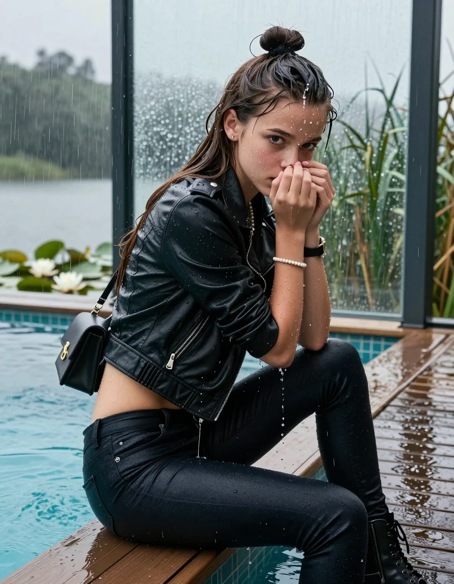 photo of young woman, in soaking wet, drenched clothes,
boots, Tight dark Levis skinny jeans, biker leatherjacket, crop top, shoulderbag, pearl necklace, bracelet, wristwatch, jetty by the lake with water lilies and reeds, 
enjoying, wet clothes stuck to body,
detailed textures of the wet clothes, wet face, wet plastered hair,
wet, drenched, professional, high-quality details, full body view.
sharp focus, ultra-high pixel detail, realistic, high-quality, full colors, incredibly detailed, 4k, 8k, 16k, hyper-realistic, RAW photo, masterpiece, ultra-detailed, professionally color graded, professional photograph, A realistic vertical fashion photograph taken from a backward, behind-the-back angle of a Young horny 12-year-old teengirl sitting, leaning forward and let her falling in a glass-walled outdoor swimming pool, facing direct to the camera to show her back. 

She is tilting her head at camera, letting the water drench her hair so it is glued flat against her head and body. 
She has  brunette Sleek Long straight hair with a topknot, completely saturated and dripping wet hair, with water cascading down her face and neck. Baffled expression. Hold her hands over her nose. Big eyes.

The lighting is bright and cinematic, highlighting the glistening water droplets and the saturated texture of her  casual clothes. Outside the large glass wall of the pool building, heavy rain is visible falling against the window. Soft, moody indoor lighting with reflections on the water. High-quality fashion photography style.
her clothing is soaking wet and clinging tightly to her skin, showing heavy wet  darkened fabric texture, her clothes are heavy from the water, water runs from her body and her clothes in streams. A lot of water also runs out of her clothes. Her clothes are darkened by the water. 
hyper-realistic wetness, high-contrast water sheen, sharp focus, 16k resolution, professional photography, realistic water physics., wet skin, wet clothes, damp fabric., wet skin, wet clothes, damp fabric, wet skin, wet clothes, damp fabric, wet skin, wet clothes, damp fabric, wet skin, wet clothes, damp fabric, wet skin, wet clothes, damp fabric, wet skin, wet clothes, damp fabric, wet skin, wet clothes, damp fabric, wet skin, wet clothes, damp fabric, wet skin, wet clothes, damp fabric, wet skin, wet clothes, damp fabric, wet skin, wet clothes, damp fabric, wet skin, wet clothes, damp fabric, wet skin, wet clothes, damp fabric