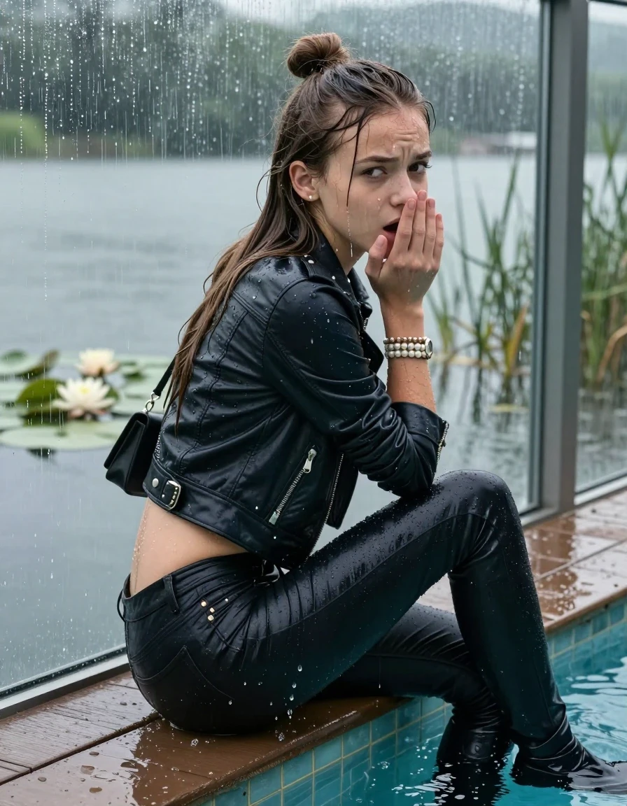 photo of young woman, in soaking wet, drenched clothes,
Tight high boots, Tight dark Levis skinny jeans, biker leatherjacket, crop top, shoulderbag, pearl necklace, bracelet, wristwatch, jetty by the lake with water lilies and reeds, 
enjoying, wet clothes stuck to body,
detailed textures of the wet clothes, wet face, wet plastered hair,
wet, drenched, professional, high-quality details, full body view.
sharp focus, ultra-high pixel detail, realistic, high-quality, full colors, incredibly detailed, 4k, 8k, 16k, hyper-realistic, RAW photo, masterpiece, ultra-detailed, professionally color graded, professional photograph, A realistic vertical fashion photograph taken from a backward, behind-the-back angle of a Young horny 12-year-old teengirl sitting, leaning forward and let her falling in a glass-walled outdoor swimming pool, facing up to the camera to show her back. 

She is tilting her head at camera, letting the water drench her hair so it is glued flat against her head and body. 
She has  brunette Sleek Long straight hair with a topknot, completely saturated and dripping wet hair, with water cascading down her face and neck. Worried and astonished expression. She is a Little Bit fearful. Hold her hands over her mouth. Half Closed eyes.

The lighting is bright and cinematic, highlighting the glistening water droplets and the saturated texture of her  casual clothes. Outside the large glass wall of the pool building, heavy rain is visible falling against the window. Soft, moody indoor lighting with reflections on the water. High-quality fashion photography style.
her clothing is soaking wet and clinging tightly to her skin, showing heavy wet  darkened fabric texture, her clothes are heavy from the water, water runs from her body and her clothes in streams. A lot of water also runs out of her clothes. Her clothes are darkened by the water. 
hyper-realistic wetness, high-contrast water sheen, sharp focus, 16k resolution, professional photography, realistic water physics., wet skin, wet clothes, damp fabric., wet skin, wet clothes, damp fabric, wet skin, wet clothes, damp fabric, wet skin, wet clothes, damp fabric, wet skin, wet clothes, damp fabric, wet skin, wet clothes, damp fabric, wet skin, wet clothes, damp fabric, wet skin, wet clothes, damp fabric, wet skin, wet clothes, damp fabric, wet skin, wet clothes, damp fabric, wet skin, wet clothes, damp fabric