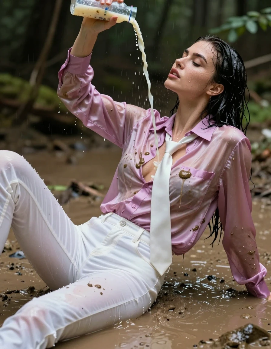 photo of young woman, in soaking wet, drenched clothes,
, white long jeans, dripping wet, shiny, transparent, see-through, tranparent, oversized long light magenta satin silk blouse, buttoned, long sleeves, white tie, no bra, shower, lying in a hip-deep muddy puddle in the muddy water in the woods, pouring a bottle of muddy water over her head, 
enjoying, wet clothes stuck to body,
detailed textures of the wet clothes, wet face, wet plastered hair,
wet, drenched, professional, high-quality details, full body view.
sharp focus, ultra-high pixel detail, realistic, high-quality, full colors, incredibly detailed, 4k, 8k, 16k, hyper-realistic, RAW photo, masterpiece, ultra-detailed, professionally color graded, professional photograph, pouring milk on her breasts, muddy clothes, heavy rain, completely soaked, drenched, dripping wet, wet skin, mud, wet clothes, damp fabric, wet skin, wet clothes, damp fabric, wet skin, wet clothes, damp, wet skin, wet clothes, wet skin, wet clothes, damp fabric