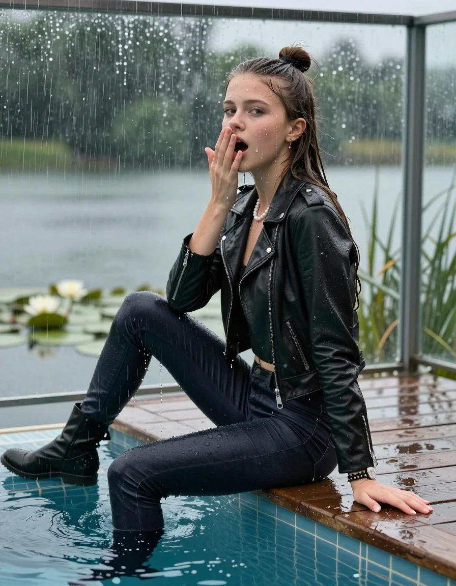 photo of young woman, in soaking wet, drenched clothes,
Tight high boots, Tight dark Levis skinny jeans, biker leatherjacket, crop top, shoulderbag, pearl necklace, bracelet, wristwatch, jetty by the lake with water lilies and reeds, 
enjoying, wet clothes stuck to body,
detailed textures of the wet clothes, wet face, wet plastered hair,
wet, drenched, professional, high-quality details, full body view.
sharp focus, ultra-high pixel detail, realistic, high-quality, full colors, incredibly detailed, 4k, 8k, 16k, hyper-realistic, RAW photo, masterpiece, ultra-detailed, professionally color graded, professional photograph, A realistic vertical fashion photograph taken from a backward, behind-the-back angle of a Young horny 12-year-old teengirl sitting, leaning forward and let her falling in a glass-walled outdoor swimming pool, facing up to the camera to show her back. 

She is tilting her head at camera, letting the water drench her hair so it is glued flat against her head and body. 
She has  brunette Sleek Long straight hair with a topknot, completely saturated and dripping wet hair, with water cascading down her face and neck. Shocked and astonished expression. She is a Little Bit fearful. Hold her hands over her mouth. Half Closed eyes.

The lighting is bright and cinematic, highlighting the glistening water droplets and the saturated texture of her  casual clothes. Outside the large glass wall of the pool building, heavy rain is visible falling against the window. Soft, moody indoor lighting with reflections on the water. High-quality fashion photography style.
her clothing is soaking wet and clinging tightly to her skin, showing heavy wet  darkened fabric texture, her clothes are heavy from the water, water runs from her body and her clothes in streams. A lot of water also runs out of her clothes. Her clothes are darkened by the water. 
hyper-realistic wetness, high-contrast water sheen, sharp focus, 16k resolution, professional photography, realistic water physics., wet skin, wet clothes, damp fabric., wet skin, wet clothes, damp fabric, wet skin, wet clothes, damp fabric, wet skin, wet clothes, damp fabric, wet skin, wet clothes, damp fabric, wet skin, wet clothes, damp fabric, wet skin, wet clothes, damp fabric, wet skin, wet clothes, damp fabric, wet skin, wet clothes, damp fabric, wet skin, wet clothes, damp fabric, wet skin, wet clothes, damp fabric