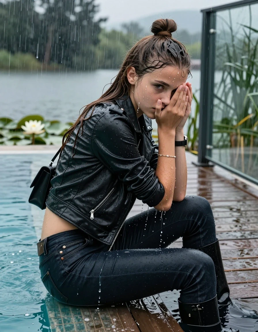 photo of young woman, in soaking wet, drenched clothes,
boots, Tight dark Levis skinny jeans, biker leatherjacket, crop top, shoulderbag, pearl necklace, bracelet, wristwatch, jetty by the lake with water lilies and reeds, 
enjoying, wet clothes stuck to body,
detailed textures of the wet clothes, wet face, wet plastered hair,
wet, drenched, professional, high-quality details, full body view.
sharp focus, ultra-high pixel detail, realistic, high-quality, full colors, incredibly detailed, 4k, 8k, 16k, hyper-realistic, RAW photo, masterpiece, ultra-detailed, professionally color graded, professional photograph, A realistic vertical fashion photograph taken from a backward, behind-the-back angle of a Young horny 12-year-old teengirl sitting, leaning forward and let her falling in a glass-walled outdoor swimming pool, facing down to the camera to show her back. 

She is tilting her head at camera, letting the water drench her hair so it is glued flat against her head and body. 
She has  brunette Sleek Long straight hair with a topknot, completely saturated and dripping wet hair, with water cascading down her face and neck. Baffled expression. Hold her hands over her face. Big eyes.

The lighting is bright and cinematic, highlighting the glistening water droplets and the saturated texture of her  casual clothes. Outside the large glass wall of the pool building, heavy rain is visible falling against the window. Soft, moody indoor lighting with reflections on the water. High-quality fashion photography style.
her clothing is soaking wet and clinging tightly to her skin, showing heavy wet  darkened fabric texture, her clothes are heavy from the water, water runs from her body and her clothes in streams. A lot of water also runs out of her clothes. Her clothes are darkened by the water. 
hyper-realistic wetness, high-contrast water sheen, sharp focus, 16k resolution, professional photography, realistic water physics., wet skin, wet clothes, damp fabric., wet skin, wet clothes., wet skin, wet clothes, damp fabric