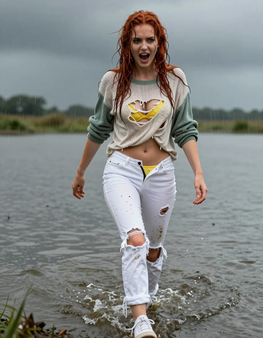 photo of young woman, in soaking wet, drenched clothes,
wet white sneakers walking in water, white jeans, ripped, muddy and very wet yellow panties underneath jeans open at zipper,  wet muddy and ripped green sweater torn open at buttons, underneath sweater is a wet white knit top ripped open with yellow bra under that, walking in angle deep water along edge of marsh in the rain, stormy skies, 
enjoying, wet clothes stuck to body,
detailed textures of the wet clothes, wet face, wet plastered hair,
wet, drenched, professional, high-quality details, full body view.
sharp focus, ultra-high pixel detail, realistic, high-quality, full colors, incredibly detailed, 4k, 8k, 16k, hyper-realistic, RAW photo, masterpiece, ultra-detailed, professionally color graded, professional photograph, long wet tangled red hair  extending to waist. Mad expression, girls has just been thrown into the water and doesn't like it, yelling at camera, wet skin, wet clothes, very wet fabric and hair, water dripping off of her., wet skin, wet clothes, damp fabric