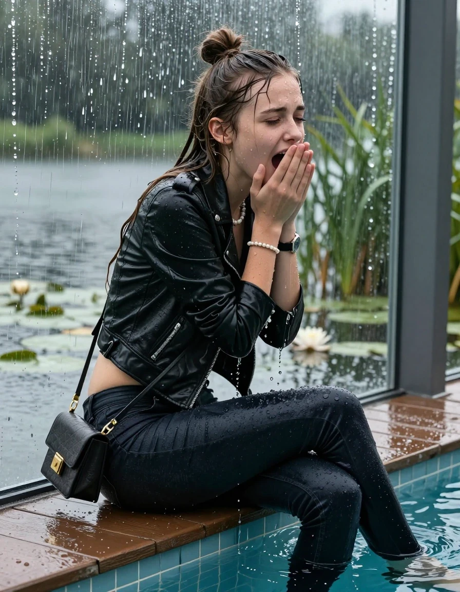 photo of young woman, in soaking wet, drenched clothes,
boots, Tight dark Levis skinny jeans, biker leatherjacket, crop top, shoulderbag, pearl necklace, bracelet, wristwatch, jetty by the lake with water lilies and reeds, 
enjoying, wet clothes stuck to body,
detailed textures of the wet clothes, wet face, wet plastered hair,
wet, drenched, professional, high-quality details, full body view.
sharp focus, ultra-high pixel detail, realistic, high-quality, full colors, incredibly detailed, 4k, 8k, 16k, hyper-realistic, RAW photo, masterpiece, ultra-detailed, professionally color graded, professional photograph, A realistic vertical fashion photograph taken from a backward, behind-the-back angle of a Young horny 12-year-old teengirl sitting, leaning forward and let her falling in a glass-walled outdoor swimming pool, facing up to the camera to show her back. 

She is tilting her head at camera, letting the water drench her hair so it is glued flat against her head and body. 
She has  brunette Sleek Long straight hair with a topknot, completely saturated and dripping wet hair, with water cascading down her face and neck. Fearful and astonished expression. Hold her hands over her mouth. Half Closed eyes. Moaning. Slightly yawning.

The lighting is bright and cinematic, highlighting the glistening water droplets and the saturated texture of her  casual clothes. Outside the large glass wall of the pool building, heavy rain is visible falling against the window. Soft, moody indoor lighting with reflections on the water. High-quality fashion photography style.
her clothing is soaking wet and clinging tightly to her skin, showing heavy wet  darkened fabric texture, her clothes are heavy from the water, water runs from her body and her clothes in streams. A lot of water also runs out of her clothes. Her clothes are darkened by the water. 
hyper-realistic wetness, high-contrast water sheen, sharp focus, 16k resolution, professional photography, realistic water physics., wet skin, wet clothes, damp fabric., wet skin, wet clothes, damp fabric, wet skin, wet clothes, damp fabric, wet skin, wet clothes, damp fabric, wet skin, wet clothes, damp fabric, wet skin, wet clothes, damp fabric, wet skin, wet clothes, damp fabric, wet skin, wet clothes, damp fabric, wet skin, wet clothes, damp fabric, wet skin, wet clothes, damp fabric, wet skin, wet clothes, damp fabric, wet skin, wet clothes, damp fabric, wet skin, wet clothes, damp fabric