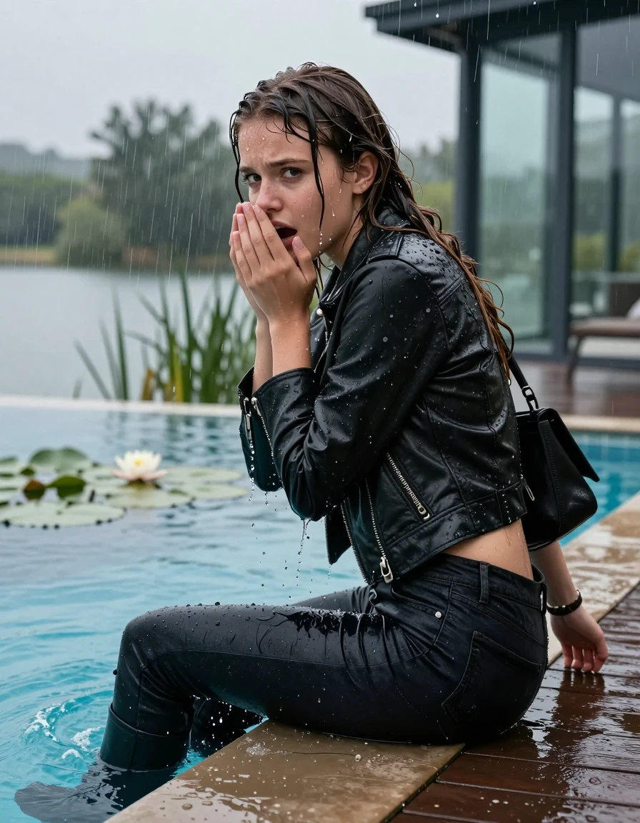 photo of young woman, in soaking wet, drenched clothes,
Tight high boots, Tight dark Levis skinny jeans, biker leatherjacket, crop top, shoulderbag, pearl necklace, bracelet, wristwatch, jetty by the lake with water lilies and reeds, 
enjoying, wet clothes stuck to body,
detailed textures of the wet clothes, wet face, wet plastered hair,
wet, drenched, professional, high-quality details, full body view.
sharp focus, ultra-high pixel detail, realistic, high-quality, full colors, incredibly detailed, 4k, 8k, 16k, hyper-realistic, RAW photo, masterpiece, ultra-detailed, professionally color graded, professional photograph, A realistic vertical fashion photograph taken from a backward, behind-the-back angle of a Young horny 12-year-old teengirl sitting, leaning forward and let her falling in a glass-walled outdoor swimming pool, facing up to the camera to show her back. 

She is tilting her head at camera, letting the water drench her hair so it is glued flat against her head and body. 
She has  brunette  pigtails completely saturated and dripping wet hair, with water cascading down her face and neck. Worried and astonished expression. She is a Little Bit fearful. Hold her hands over her mouth. Half Closed eyes.

The lighting is bright and cinematic, highlighting the glistening water droplets and the saturated texture of her  casual clothes. Outside the large glass wall of the pool building, heavy rain is visible falling against the window. Soft, moody indoor lighting with reflections on the water. High-quality fashion photography style.
her clothing is soaking wet and clinging tightly to her skin, showing heavy wet  darkened fabric texture, her clothes are heavy from the water, water runs from her body and her clothes in streams. A lot of water also runs out of her clothes. Her clothes are darkened by the water. 
hyper-realistic wetness, high-contrast water sheen, sharp focus, 16k resolution, professional photography, realistic water physics., wet skin, wet clothes, damp fabric., wet skin, wet clothes, damp fabric, wet skin, wet clothes, damp fabric, wet skin, wet clothes, damp fabric, wet skin, wet clothes, damp fabric, wet skin, wet clothes, damp fabric, wet skin, wet clothes, damp fabric, wet skin, wet clothes, damp fabric, wet skin, wet clothes, damp fabric, wet skin, wet clothes, damp fabric, wet skin, wet clothes, damp fabric, wet skin, wet clothes, damp fabric