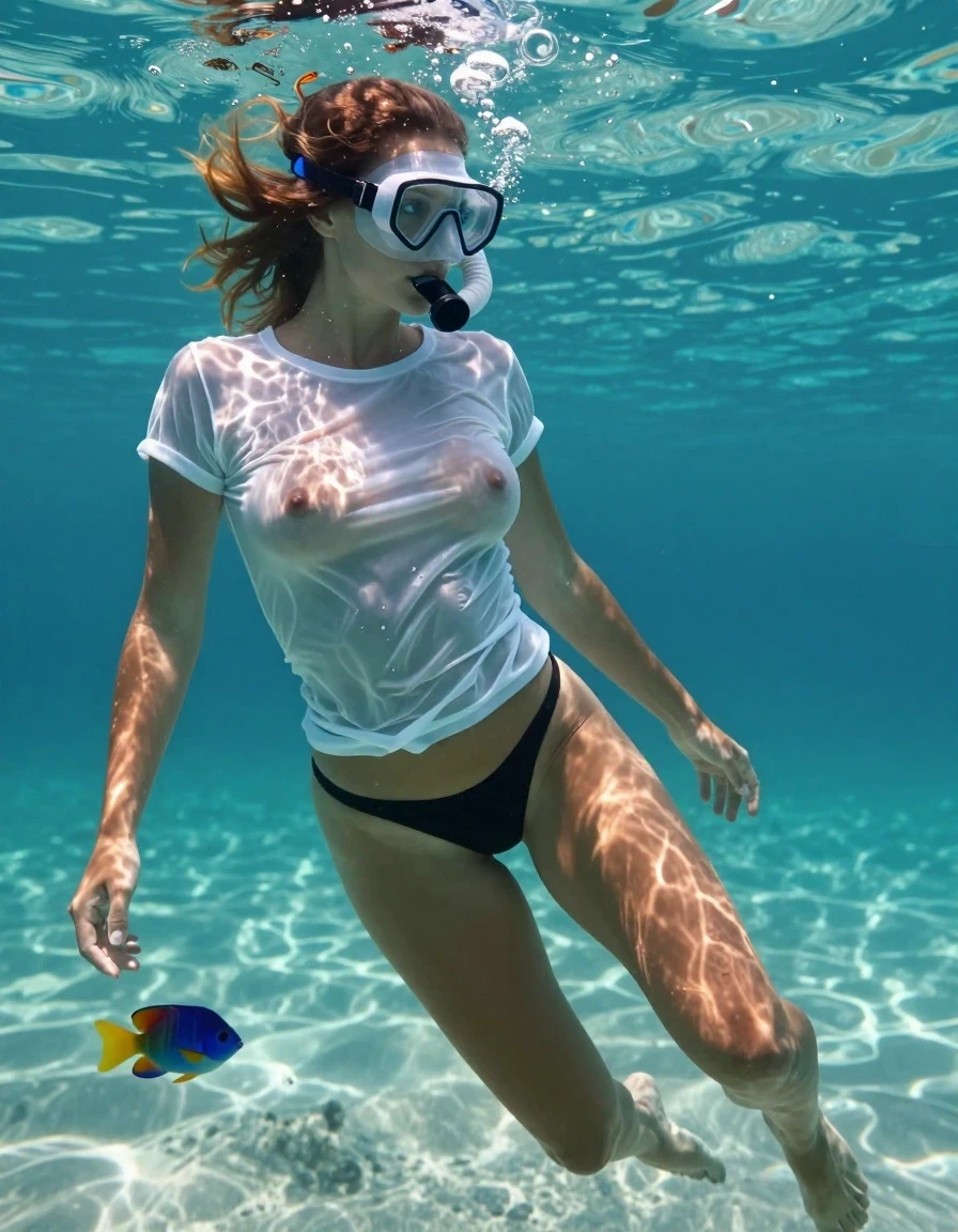 A stunning, photorealistic underwater shot of a young adult European woman with barefoot soles visible, wearing a black thong and a topless, soaking-wet, translucent white matte old t-shirt. The fabric is heavily saturated, clinging tightly to her body, showing deep wet folds and texture, with the material appearing darker and more transparent due to water absorption. She is wearing a diving mask and snorkel, gracefully observing a small, vibrant, colorful fish at the tropical seabed. A stream of tiny air bubbles rises from her snorkel toward the water surface. Her skin and hair are completely wet with a natural, realistic water sheen. The scene captures exotic, lascivious, and seductive underwater movement, with her breasts moving naturally in the current. High-definition underwater photography, clear turquoise water, sunlight filtering through the surface creating caustic light patterns on her skin and the sandy floor, ultra-realistic textures, 8k resolution, cinematic lighting.