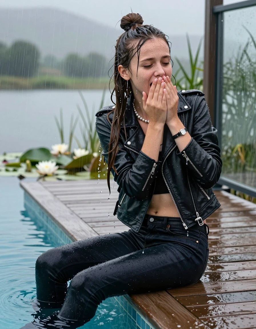 photo of young woman, in soaking wet, drenched clothes,
boots, Tight dark Levis skinny jeans, biker leatherjacket, crop top, shoulderbag, pearl necklace, bracelet, wristwatch, jetty by the lake with water lilies and reeds, 
enjoying, wet clothes stuck to body,
detailed textures of the wet clothes, wet face, wet plastered hair,
wet, drenched, professional, high-quality details, full body view.
sharp focus, ultra-high pixel detail, realistic, high-quality, full colors, incredibly detailed, 4k, 8k, 16k, hyper-realistic, RAW photo, masterpiece, ultra-detailed, professionally color graded, professional photograph, A realistic vertical fashion photograph taken from a backward, behind-the-back angle of a Young horny 12-year-old teengirl sitting, leaning forward and let her falling in a glass-walled outdoor swimming pool, facing up to the camera to show her back. 

She is tilting her head at camera, letting the water drench her hair so it is glued flat against her head and body. 
She has  brunette Sleek Long straight hair with a topknot, completely saturated and dripping wet hair, with water cascading down her face and neck. Fearful and astonished expression. Hold her hands over her mouth. Half Closed eyes. Moaning. Slightly yawning.

The lighting is bright and cinematic, highlighting the glistening water droplets and the saturated texture of her  casual clothes. Outside the large glass wall of the pool building, heavy rain is visible falling against the window. Soft, moody indoor lighting with reflections on the water. High-quality fashion photography style.
her clothing is soaking wet and clinging tightly to her skin, showing heavy wet  darkened fabric texture, her clothes are heavy from the water, water runs from her body and her clothes in streams. A lot of water also runs out of her clothes. Her clothes are darkened by the water. 
hyper-realistic wetness, high-contrast water sheen, sharp focus, 16k resolution, professional photography, realistic water physics., wet skin, wet clothes, damp fabric., wet skin, wet clothes, damp fabric, wet skin, wet clothes, damp fabric, wet skin, wet clothes, damp fabric, wet skin, wet clothes, damp fabric, wet skin, wet clothes, damp fabric, wet skin, wet clothes, damp fabric, wet skin, wet clothes, damp fabric, wet skin, wet clothes, damp fabric, wet skin, wet clothes, damp fabric, wet skin, wet clothes, damp fabric, wet skin, wet clothes, damp fabric, wet skin, wet clothes, damp fabric