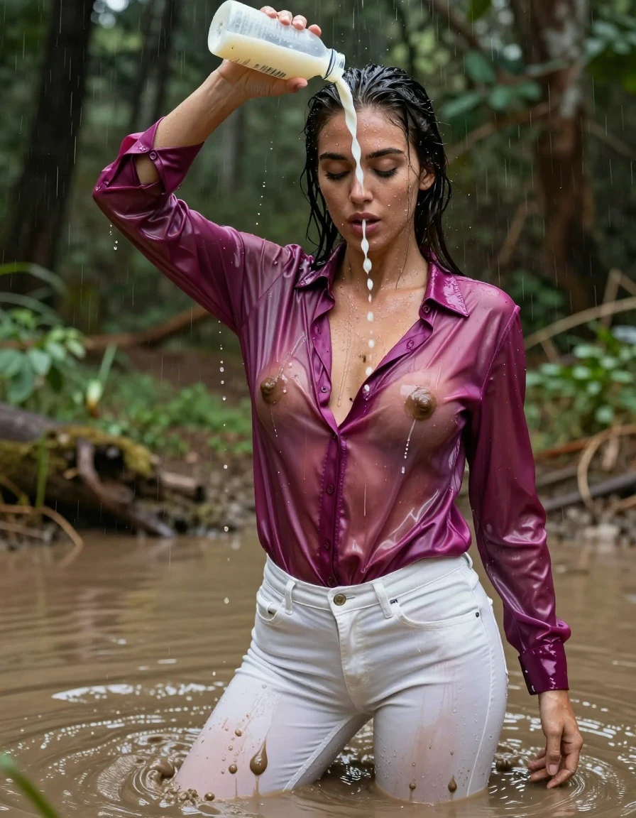 photo of young woman, in soaking wet, drenched clothes,
, white long jeans, dripping wet, shiny, see-through, tranparent, oversized long magenta satin silk blouse, buttoned, long sleeves, no bra, shower, standing in a hip-deep muddy puddle in the muddy water in the woods, pouring a bottle of muddy water over her head, 
enjoying, wet clothes stuck to body,
detailed textures of the wet clothes, wet face, wet plastered hair,
wet, drenched, professional, high-quality details, full body view.
sharp focus, ultra-high pixel detail, realistic, high-quality, full colors, incredibly detailed, 4k, 8k, 16k, hyper-realistic, RAW photo, masterpiece, ultra-detailed, professionally color graded, professional photograph, pouring milk on her breasts, muddy clothes, heavy rain, completely soaked, drenched, dripping wet, visible breasts, visible nipples, wet skin, mud, wet clothes, damp fabric, wet skin, wet clothes, damp fabric, wet skin, wet clothes, damp, wet skin, wet clothes, wet skin, wet clothes, damp fabric