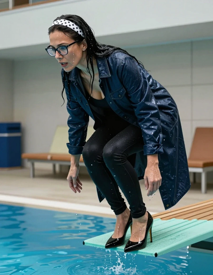 photo of young woman, in soaking wet, drenched clothes,
high-heeled shoes, long shiny black jeans, long shiny black denim shirt with long sleeves, maxi dark blue down jacket, on the banch after diving into the water of the indoor pool, 
enjoying, wet clothes stuck to body,
detailed textures of the wet clothes, wet face, wet plastered hair,
wet, drenched, professional, high-quality details, full body view.
sharp focus, ultra-high pixel detail, realistic, high-quality, full colors, incredibly detailed, 4k, 8k, 16k, hyper-realistic, RAW photo, masterpiece, ultra-detailed, professionally color graded, professional photograph, european brunette skinny woman 50 years old, long dark black hair, white polka-dot headband, office glasses, very big and thick lips, complete body, wet skin, wet clothes, damp fabric, wet skin, wet clothes, damp fabric, wet skin, wet clothes, damp fabric, wet skin, wet clothes, damp fabric, wet skin, wet clothes, damp fabric, wet skin, wet clothes, damp fabric, wet skin, wet clothes, damp fabric