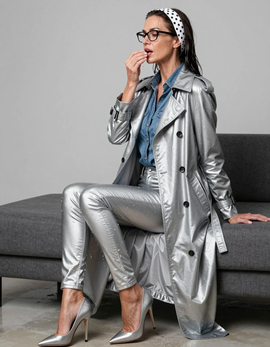 photo of young woman, in soaking wet, drenched clothes,
high-heeled shoes, long shiny silver jeans, long shiny silver denim shirt, maxi silver vinyl trenchcoat, in his room, 
enjoying, wet clothes stuck to body,
detailed textures of the wet clothes, wet face, wet plastered hair,
wet, drenched, professional, high-quality details, full body view.
sharp focus, ultra-high pixel detail, realistic, high-quality, full colors, incredibly detailed, 4k, 8k, 16k, hyper-realistic, RAW photo, masterpiece, ultra-detailed, professionally color graded, professional photograph, european brunette skinny woman 50 years old, long dark black hair, white polka-dot headband, office glasses, very big and thick lips, complete body, wet skin, wet clothes, damp fabric, wet skin, wet clothes, damp fabric, wet skin, wet clothes, damp fabric, wet skin, wet clothes, damp fabric, wet skin, wet clothes, damp fabric, wet skin, wet clothes, damp fabric, wet skin, wet clothes, damp fabric