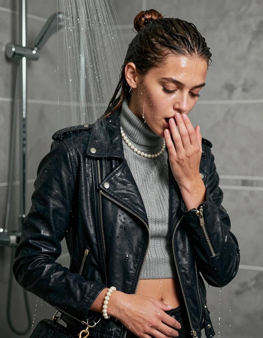 photo of young woman, in soaking wet, drenched clothes,
, , Biker leatherjacket, grey knit turtleneck sweater belly free, handbag, pearl necklace, bracelet, wristwatch, Under the shower, strong jet of water, in modern bathroom, 
enjoying, wet clothes stuck to body,
detailed textures of the wet clothes, wet face, wet plastered hair,
wet, drenched, professional, high-quality details, full body view.
sharp focus, ultra-high pixel detail, realistic, high-quality, full colors, incredibly detailed, 4k, 8k, 16k, hyper-realistic, RAW photo, masterpiece, ultra-detailed, professionally color graded, professional photograph, A realistic vertical fashion photograph of a Young horny 12-year-old teengirl and her friends. Completely soaked to the Skin.

Brunette Sleek long hair with a topknot. 
Open mouth, half closed eyes. Looking down. One Hold her hands over her mouth. 

The girls wear different clothes.

she is completely underwater up to her neck, astonished expression. 

her clothing is soaking wet and clinging tightly to her skin, showing heavy wet folds, darkened fabric texture, and deep water-saturated Patches, her clothes are heavy from the water, water runs from her body and her clothes in streams. A lot of water also runs out of her clothes. Her clothes are darkened by the water. Her submerged clothes are good visible under the water.  she soaked her handbag into the water.

close up view, wet skin, wet clothes, wet hair, damp fabric, water runs down the clothes, wet skin, wet clothes, damp fabric. cinematic medium shot, hyper-realistic wetness, high-contrast water sheen, sharp focus, 16k resolution, professional photography, realistic water physics., wet skin, wet clothes, damp fabric, wet skin, wet clothes, damp fabric, wet skin, wet clothes, damp fabric, wet skin, wet clothes, damp fabric, wet skin, wet clothes, damp fabric, wet skin, wet clothes, damp fabric, wet skin, wet clothes, damp fabric, wet skin, wet clothes, damp fabric, wet skin, wet clothes, damp fabric, wet skin, wet clothes, damp fabric