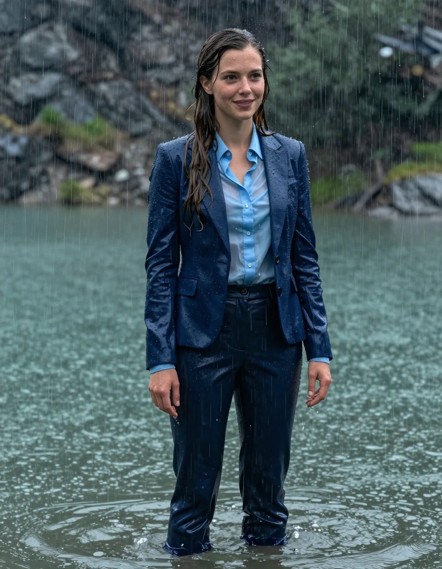 Full body shot of Disney Ariel as a young adult woman with a long layered cut and side-parted hair, standing in deep mountain lake water during a torrential rainstorm. She is wearing a dark blue business suit jacket over a light blue button-down long-sleeve shirt with a popped-up collar, paired with dark blue business suit trousers. The entire outfit is completely soaked, fully drenched, and heavy with water, with the damp fabric clinging tightly to her body and the light blue shirt becoming translucent. Her skin is glistening with wetness and rain, hair plastered to her head, and expression is a soft, smiling look with open eyes. The scene features heavy rain falling, water sheen on all surfaces, and dramatic wetlook textures. High resolution, 4k, photorealistic, cinematic lighting, stormy atmosphere, sharp focus on fabric folds and wet skin texture.