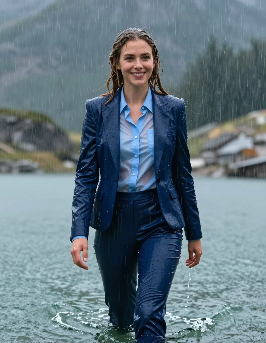 Full body shot of Disney Rapunzel from Tangled with a long layered cut and side-parted hair, standing in the deep water of a mountain lake during a heavy rainstorm. She is wearing a dark blue business suit jacket over a light blue button-down long-sleeve shirt with a popped-up collar, paired with dark blue business suit trousers. The clothing is completely soaked, fully drenched, and clinging to her body, with the light blue shirt becoming translucent from the heavy rain. The fabric appears heavy, damp, and saturated, with visible folds and texture. She has wet skin, wet hair, and a visible water sheen, smiling slightly with open eyes. The scene is set in a dramatic rainstorm environment with heavy rain falling, captured in 4k high resolution with sharp focus on the wet skin and damp fabric textures.