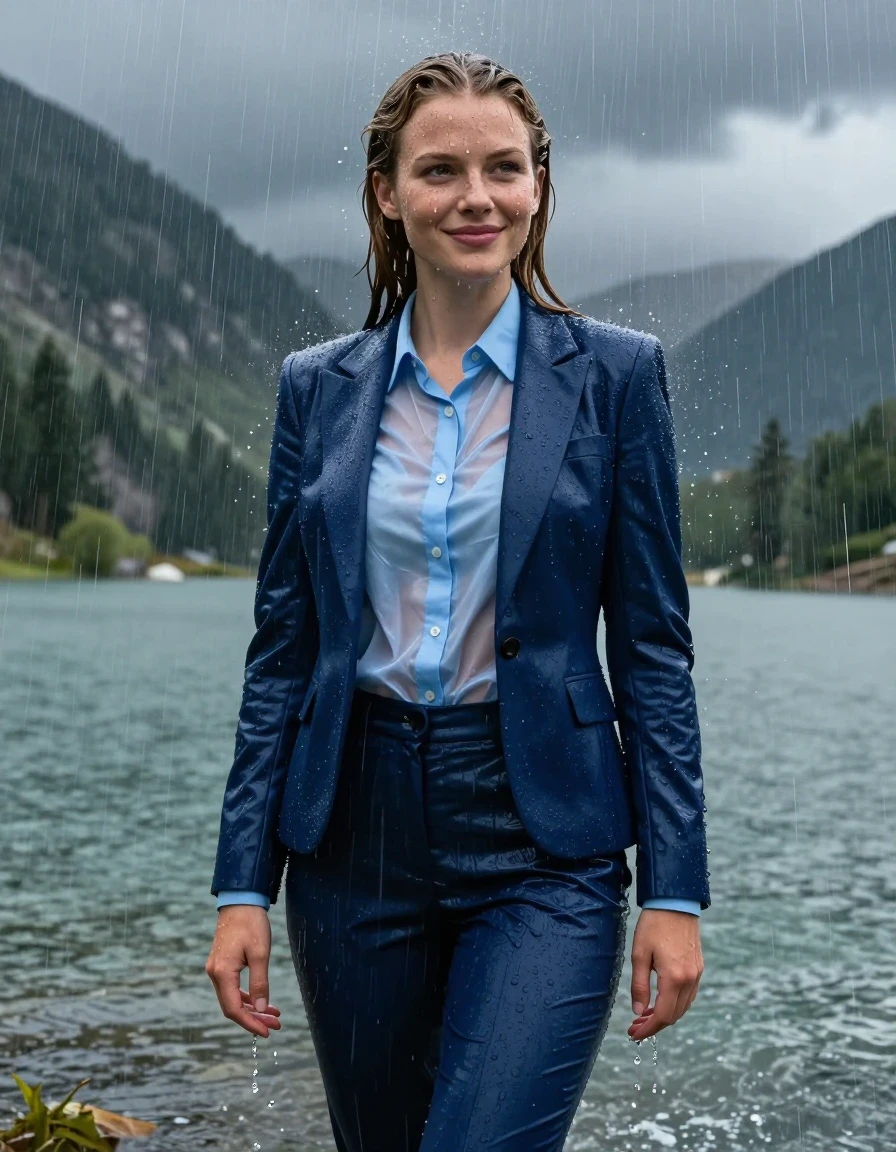 A full-body photorealistic portrait of Disney's Rapunzel as a young woman with a long layered haircut and side parting, standing in a mountain lake during a heavy rainstorm. She is wearing a dark blue business suit jacket over a light blue button-down long-sleeve shirt with a popped-up collar, paired with dark blue business suit trousers. The entire outfit is completely soaked, fully drenched, and clinging to her body; the light blue shirt is translucent from the heavy rain, revealing the damp fabric texture and deep saturation. Her skin is glistening with water, and her hair is wet and slicked. She is smiling slightly with open eyes, standing in deep water while showering under the intense rain. The environment features a dramatic mountain lake landscape under a dark, stormy sky. 4k high resolution, cinematic lighting, hyper-realistic wet skin and fabric, water sheen, heavy rain droplets, atmospheric depth, sharp details on wet textures and clinging clothing.