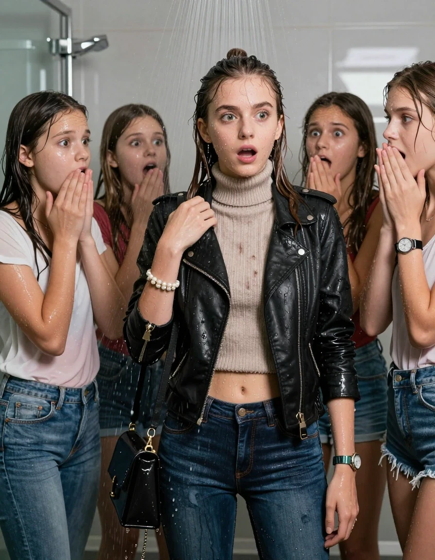 photo of young woman, in soaking wet, drenched clothes,
, Tight Levis skinny jeans, Biker leatherjacket, knit turtleneck sweater belly free, shoulderbag, pearl necklace, bracelet, wristwatch, Group of Girls surprised Under the shower, strong jet of water, in modern bathroom, 
enjoying, wet clothes stuck to body,
detailed textures of the wet clothes, wet face, wet plastered hair,
wet, drenched, professional, high-quality details, full body view.
sharp focus, ultra-high pixel detail, realistic, high-quality, full colors, incredibly detailed, 4k, 8k, 16k, hyper-realistic, RAW photo, masterpiece, ultra-detailed, professionally color graded, professional photograph, A realistic vertical fashion photograph of a Young 12-year-old teengirl and her friends. Completely soaked to the Skin.

Brunette Sleek long hair with a topknot. 
Open mouth, horny eyes. 

The girls wear different clothes.

 shocked and astonished expression. 

her clothing is soaking wet and clinging tightly to her skin, showing heavy wet folds, darkened fabric texture, and deep water-saturated Patches, her clothes are heavy from the water, water runs from her body and her clothes in streams. A lot of water also runs out of her clothes. Her clothes are darkened by the water. Her submerged clothes are good visible under the water.  she soaked her handbag into the water.

close up view, wet skin, wet clothes, wet hair, damp fabric, water runs down the clothes, wet skin, wet clothes, damp fabric. cinematic medium shot, hyper-realistic wetness, high-contrast water sheen, sharp focus, 16k resolution, professional photography, realistic water physics., wet skin, wet clothes, damp fabric, wet skin, wet clothes, damp fabric, wet skin, wet clothes, damp fabric, wet skin, wet clothes, damp fabric, wet skin, wet clothes, damp fabric, wet skin, wet clothes, damp fabric, wet skin, wet clothes, damp fabric, wet skin, wet clothes, damp fabric, wet skin, wet clothes, damp fabric, wet skin, wet clothes, damp fabric, wet skin, wet clothes, damp fabric