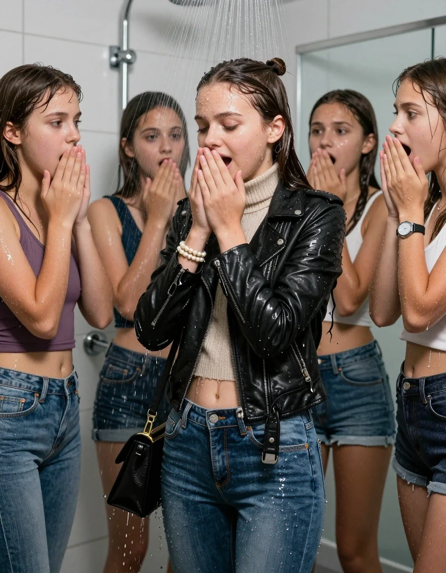 photo of young woman, in soaking wet, drenched clothes,
, Tight Levis skinny jeans, Biker leatherjacket, knit turtleneck sweater belly free, shoulderbag, pearl necklace, bracelet, wristwatch, Group of Girls Under the shower, strong jet of water, in modern bathroom, 
enjoying, wet clothes stuck to body,
detailed textures of the wet clothes, wet face, wet plastered hair,
wet, drenched, professional, high-quality details, full body view.
sharp focus, ultra-high pixel detail, realistic, high-quality, full colors, incredibly detailed, 4k, 8k, 16k, hyper-realistic, RAW photo, masterpiece, ultra-detailed, professionally color graded, professional photograph, A realistic vertical fashion photograph of a Young 12-year-old teengirl and her friends. Completely soaked to the Skin.

Brunette Sleek long hair with a topknot. 
Open mouth, closed eyes. Looking at side.  Hold her hands over her mouth.

The girls wear different clothes.

 shocked and astonished expression. 

her clothing is soaking wet and clinging tightly to her skin, showing heavy wet folds, darkened fabric texture, and deep water-saturated Patches, her clothes are heavy from the water, water runs from her body and her clothes in streams. A lot of water also runs out of her clothes. Her clothes are darkened by the water. Her submerged clothes are good visible under the water.  she soaked her handbag into the water.

close up view, wet skin, wet clothes, wet hair, damp fabric, water runs down the clothes, wet skin, wet clothes, damp fabric. cinematic medium shot, hyper-realistic wetness, high-contrast water sheen, sharp focus, 16k resolution, professional photography, realistic water physics., wet skin, wet clothes, damp fabric, wet skin, wet clothes, damp fabric, wet skin, wet clothes, damp fabric, wet skin, wet clothes, damp fabric, wet skin, wet clothes, damp fabric, wet skin, wet clothes, damp fabric, wet skin, wet clothes, damp fabric, wet skin, wet clothes, damp fabric, wet skin, wet clothes, damp fabric, wet skin, wet clothes, damp fabric, wet skin, wet clothes, damp fabric