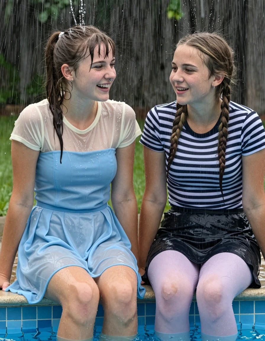photo of young woman, in soaking wet, drenched clothes,
, , casual wear, 2 girls sitting on the edge of the pool while it pours water on them during a heavy storm, 
enjoying, wet clothes stuck to body,
detailed textures of the wet clothes, wet face, wet plastered hair,
wet, drenched, professional, high-quality details, full body view.
sharp focus, ultra-high pixel detail, realistic, high-quality, full colors, incredibly detailed, 4k, 8k, 16k, hyper-realistic, RAW photo, masterpiece, ultra-detailed, professionally color graded, professional photograph, 2 small college girls both having fun together. both similar age, a nineteen year old girl, a She has a wide square young face a very small chest, she is a pale brunette with a ponytail and bangs and a septum piercing, She is full of youthful energy, she is wearing a cream short sleeve see through sparkly undershirt underneath her formal thick pale blue strapless dress
 her dress has a flat front with a wider base.  Her friend has dark blonde hair, she is wearing a stripped fitted t-shirt and a black skirt and light purple tights, her clothes darken from the water. She has a wide square face,, wet skin, wet clothes, damp fabric, wet skin, wet clothes, damp fabric, wet skin, wet clothes, damp fabric, wet skin, wet clothes, damp fabric, wet skin, wet clothes, damp fabric, wet skin, wet clothes, damp fabric, wet skin, wet clothes, damp fabric, wet skin, wet clothes, damp fabric, wet skin, wet clothes, damp fabric