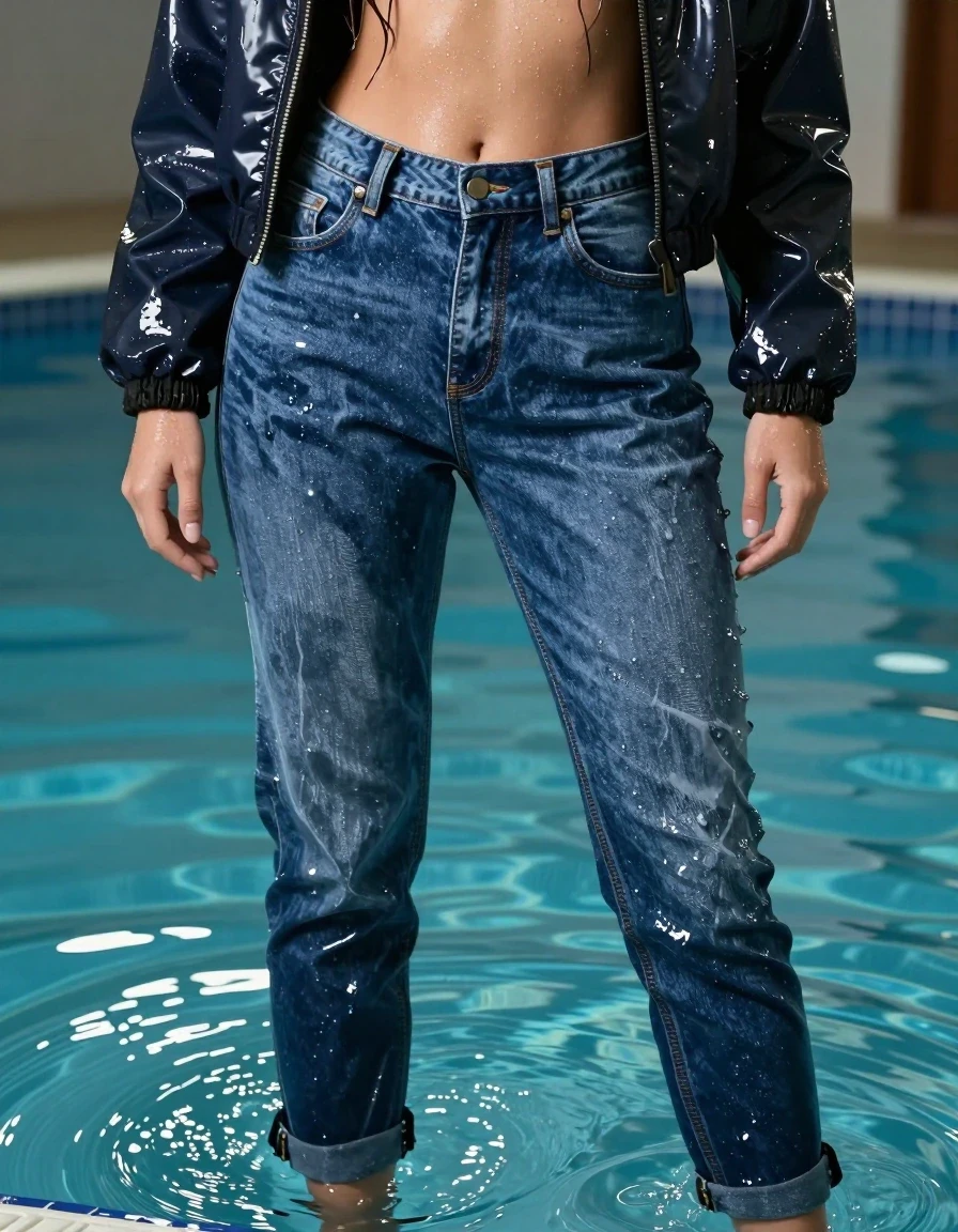 A photorealistic medium shot of a young adult European woman standing in a shallow indoor swimming pool, wearing soaking-wet blue denim jeans and a thick, heavy winter jacket. The blue denim jeans are water-saturated heavyweight denim, blue changed to deep navy and indigo, with substantially darker unevenly soaked patches, absorbed water, heavy wet folds, visible weave and stitching, and strong glossy specular reflections on the raised weave, seams, and creases. The winter jacket is heavily soaked, with dark, damp fabric clinging to her frame, showing realistic weight and water-logged texture. Her hair is slicked back and dripping with water, and her skin has a realistic wet sheen. She is wearing bosé footwear, which is also wet and glistening. The background features the tiled edges and turquoise water of an indoor pool with soft, reflective lighting dancing on the water's surface. High-resolution, cinematic lighting, hyper-detailed textures, 8k, sharp focus on the wet fabric and skin, professional photography.