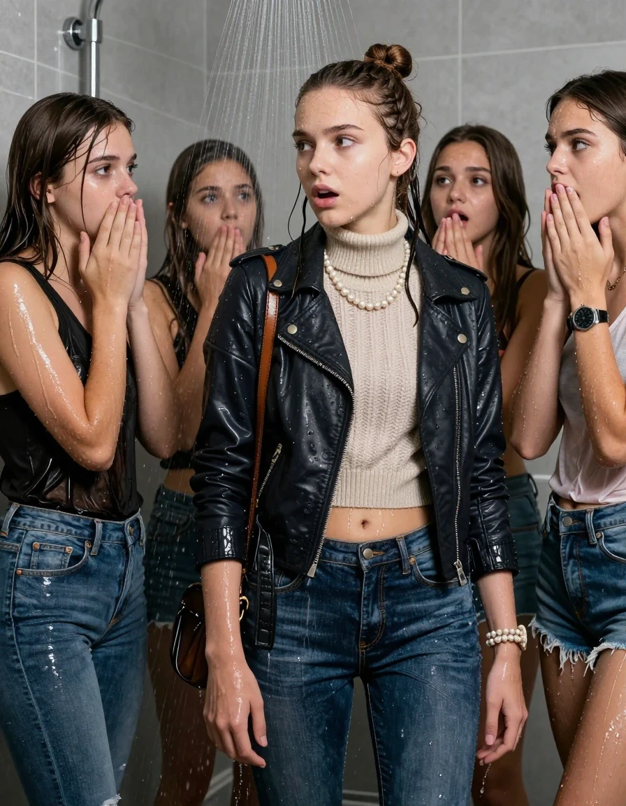 photo of young woman, in soaking wet, drenched clothes,
, Tight Levis skinny jeans, Biker leatherjacket, knit turtleneck sweater belly free, shoulderbag, pearl necklace, bracelet, wristwatch, Group of Girls Under the shower, strong jet of water, in modern bathroom, 
enjoying, wet clothes stuck to body,
detailed textures of the wet clothes, wet face, wet plastered hair,
wet, drenched, professional, high-quality details, full body view.
sharp focus, ultra-high pixel detail, realistic, high-quality, full colors, incredibly detailed, 4k, 8k, 16k, hyper-realistic, RAW photo, masterpiece, ultra-detailed, professionally color graded, professional photograph, A realistic vertical fashion photograph of a Young 12-year-old teengirl and her friends. Completely soaked to the Skin.

Brunette Sleek long hair with a topknot. 
Open mouth, horny eyes. Looking at side. 

The girls wear different clothes.

 shocked and astonished expression. 

her clothing is soaking wet and clinging tightly to her skin, showing heavy wet folds, darkened fabric texture, and deep water-saturated Patches, her clothes are heavy from the water, water runs from her body and her clothes in streams. A lot of water also runs out of her clothes. Her clothes are darkened by the water. Her submerged clothes are good visible under the water.  she soaked her handbag into the water.

close up view, wet skin, wet clothes, wet hair, damp fabric, water runs down the clothes, wet skin, wet clothes, damp fabric. cinematic medium shot, hyper-realistic wetness, high-contrast water sheen, sharp focus, 16k resolution, professional photography, realistic water physics., wet skin, wet clothes, damp fabric, wet skin, wet clothes, damp fabric, wet skin, wet clothes, damp fabric, wet skin, wet clothes, damp fabric, wet skin, wet clothes, damp fabric, wet skin, wet clothes, damp fabric, wet skin, wet clothes, damp fabric, wet skin, wet clothes, damp fabric, wet skin, wet clothes, damp fabric, wet skin, wet clothes, damp fabric, wet skin, wet clothes, damp fabric