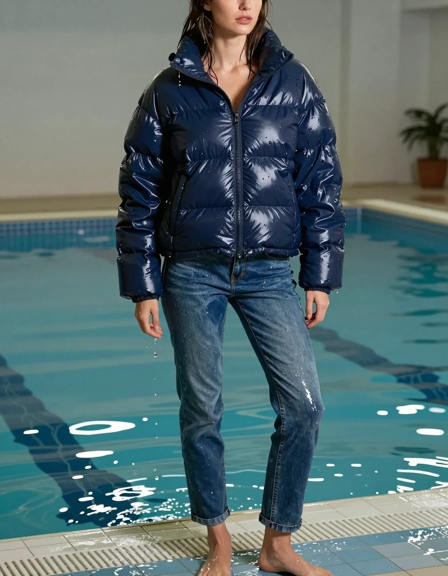A photorealistic full-body shot of a young adult European woman standing in a shallow swimming pool. She is wearing a thick, oversized, water-logged winter puffer jacket and soaking-wet blue denim jeans, water-saturated heavyweight denim, blue changed to deep navy and indigo, substantially darker unevenly soaked patches, absorbed water, heavy wet folds, visible weave and stitching, and strong glossy specular reflections on the raised weave, seams, and creases. She is barefoot, with wet skin and damp hair clinging to her shoulders. The winter jacket is heavy with water, its fabric darkened and clinging to her frame. The setting is a bright, tiled indoor swimming pool with clear water, soft ambient lighting reflecting off the water surface, and wet textures throughout the scene. High-resolution, sharp focus, cinematic lighting, realistic water sheen and droplets, 8k, detailed skin and fabric textures.