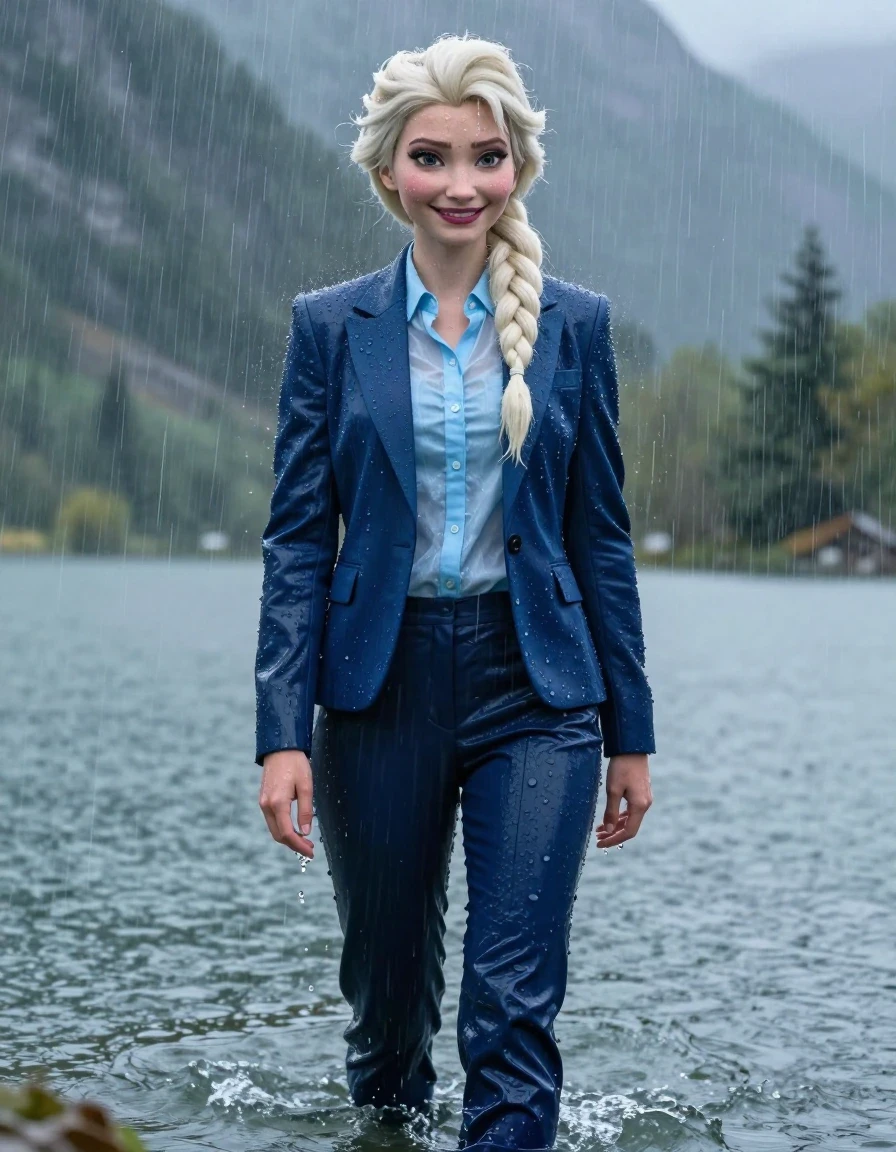 Full body photorealistic shot of Elsa from Disney's Frozen as a young adult European woman with a long layered cut and side-parted hair, standing in a mountain lake during a heavy rainstorm. She is wearing a dark blue business suit jacket over a light blue button-down long-sleeve shirt with a popped-up collar and dark blue business suit trousers. Every garment is completely soaked, fully drenched, and heavy with water, with the fabric clinging to her body and the light blue shirt becoming translucent. The dark blue suit trousers are water-saturated, appearing in deep navy tones with heavy wet folds, visible seams, and strong glossy specular reflections on the creases. Her skin is wet with a visible water sheen, and her hair is plastered to her head from the downpour. She is smiling slightly with open eyes, standing in deep water while showering under the intense rain. The environment is a dramatic mountain lake landscape during a storm, with high-resolution photographic detail, cinematic lighting, and realistic wet-look textures throughout.