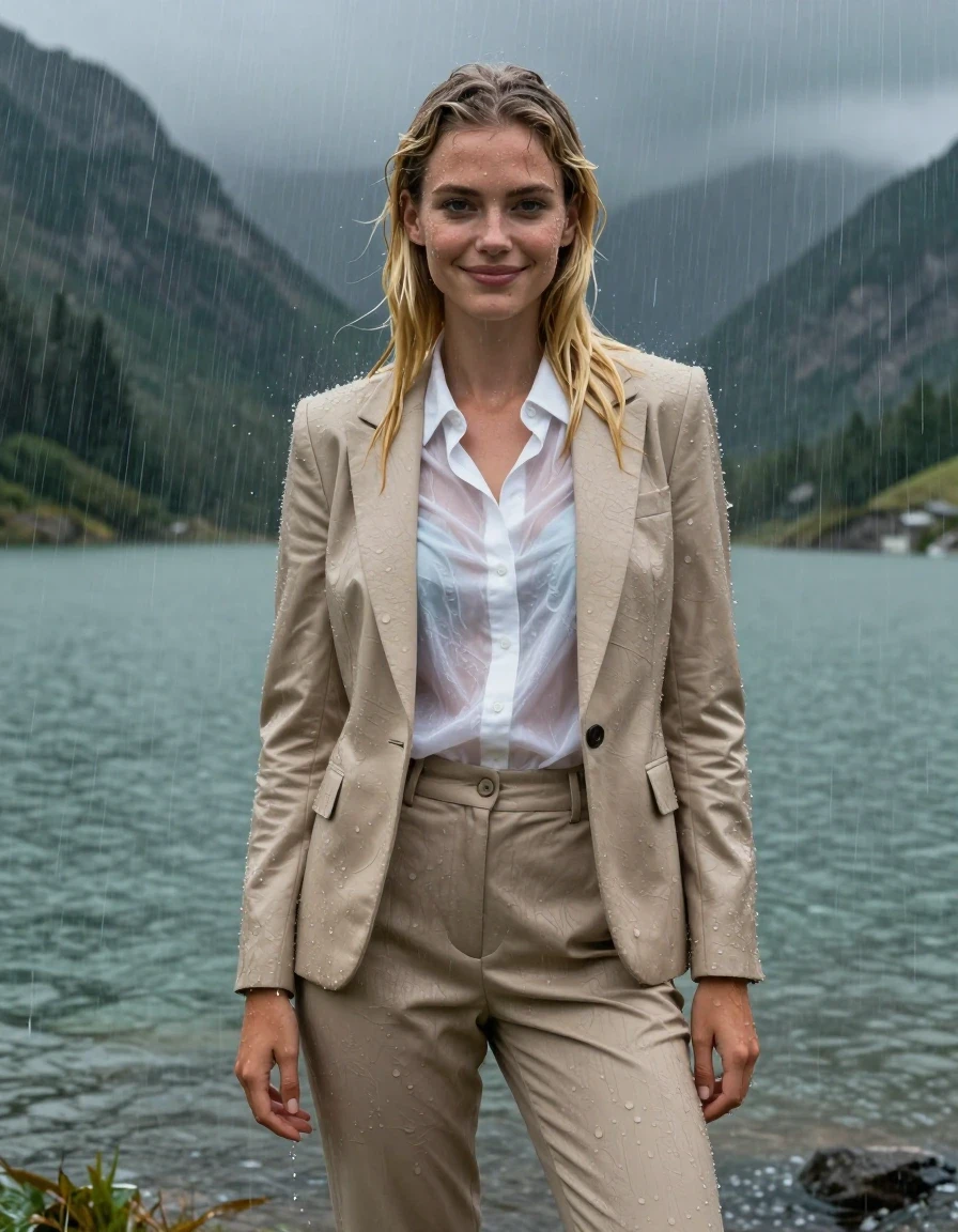 A stunning young European woman with long layered blonde hair and a side parting, standing in the middle of a deep mountain lake during a violent rainstorm. She is fully clothed in a soaked beige business suit consisting of a tailored jacket and matching trousers, worn over a white button-down long-sleeve shirt. The fabric of the white shirt is completely drenched, becoming translucent and clinging tightly to her skin. The beige suit is heavy with water, showing deep saturated tones, clinging to her form, and highlighting the texture of the damp fabric. She is smiling gently with open eyes, looking directly ahead while being showered by heavy, torrential rain. Her skin and hair are glistening with water, featuring realistic wet sheen and droplets. The environment is a moody, atmospheric mountain lake under a dark, stormy sky. Full body shot, photorealistic, 4k high resolution, cinematic lighting, hyper-detailed wet textures, water-saturated clothing, realistic fabric weight and folds.