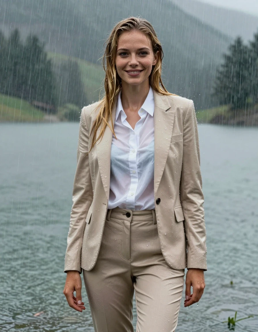 Full body shot of a young European woman with long layered blond hair styled in a side parting, standing in the middle of a mountain lake during a heavy rainstorm. She is wearing a white button-down long-sleeve shirt underneath a beige business suit jacket and matching beige business suit trousers. The woman is completely soaked and drenched, with her wet hair clinging to her face and shoulders. Her clothes are heavy with water, showing deep saturated beige and white tones, with the wet fabric clinging tightly to her body and the white shirt becoming translucent against her skin. Her skin is glistening with a wet sheen, and she is smiling softly with open eyes while standing in deep water. The atmosphere is intense with heavy rain, creating a dramatic wetlook effect with damp fabric textures, visible folds, and water-saturated clothing. High resolution, 4k, photorealistic, cinematic lighting, sharp focus on the textures of the soaked fabric and wet skin, storm-weather environment.