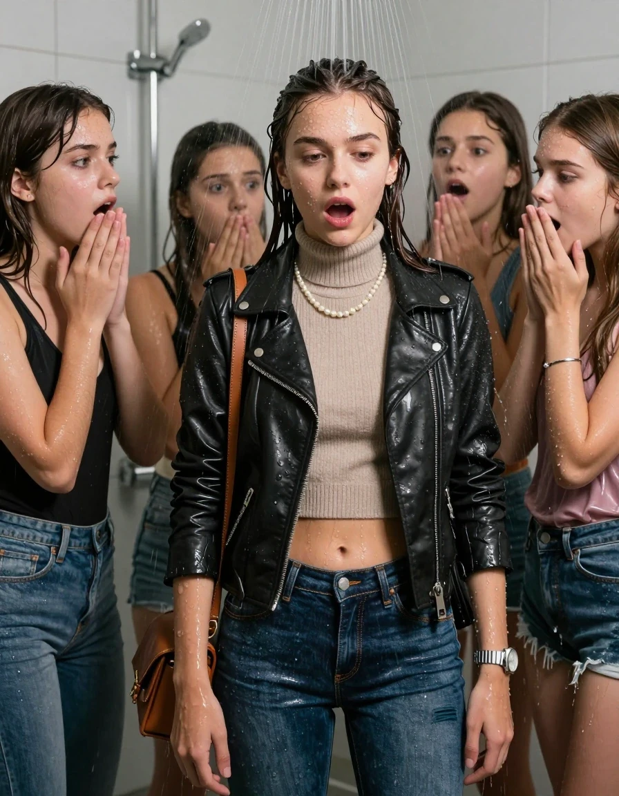 photo of young woman, in soaking wet, drenched clothes,
, Tight Levis skinny jeans, Biker leatherjacket, knit turtleneck sweater belly free, shoulderbag, pearl necklace, bracelet, wristwatch, Group of Girls surprised Under the shower, strong jet of water, in modern bathroom, 
enjoying, wet clothes stuck to body,
detailed textures of the wet clothes, wet face, wet plastered hair,
wet, drenched, professional, high-quality details, full body view.
sharp focus, ultra-high pixel detail, realistic, high-quality, full colors, incredibly detailed, 4k, 8k, 16k, hyper-realistic, RAW photo, masterpiece, ultra-detailed, professionally color graded, professional photograph, A realistic vertical fashion photograph of a Young 12-year-old teengirl and her friends. Completely soaked to the Skin.

Brunette Sleek long hair with a topknot. 
Open mouth, horny eyes. 

The girls wear different clothes.

 shocked and astonished expression. 

her clothing is soaking wet and clinging tightly to her skin, showing heavy wet folds, darkened fabric texture, and deep water-saturated Patches, her clothes are heavy from the water, water runs from her body and her clothes in streams. A lot of water also runs out of her clothes. Her clothes are darkened by the water. Her submerged clothes are good visible under the water.  she soaked her handbag into the water.

close up view, wet skin, wet clothes, wet hair, damp fabric, water runs down the clothes, wet skin, wet clothes, damp fabric. cinematic medium shot, hyper-realistic wetness, high-contrast water sheen, sharp focus, 16k resolution, professional photography, realistic water physics., wet skin, wet clothes, damp fabric, wet skin, wet clothes, damp fabric, wet skin, wet clothes, damp fabric, wet skin, wet clothes, damp fabric, wet skin, wet clothes, damp fabric, wet skin, wet clothes, damp fabric, wet skin, wet clothes, damp fabric, wet skin, wet clothes, damp fabric, wet skin, wet clothes, damp fabric, wet skin, wet clothes, damp fabric, wet skin, wet clothes, damp fabric