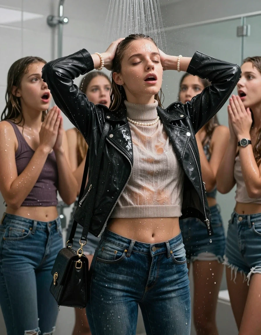 photo of young woman, in soaking wet, drenched clothes,
, Tight Levis skinny jeans, Biker leatherjacket, knit turtleneck sweater belly free, shoulderbag, pearl necklace, bracelet, wristwatch, Group of Girls Under the shower, strong jet of water, in modern bathroom, 
enjoying, wet clothes stuck to body,
detailed textures of the wet clothes, wet face, wet plastered hair,
wet, drenched, professional, high-quality details, full body view.
sharp focus, ultra-high pixel detail, realistic, high-quality, full colors, incredibly detailed, 4k, 8k, 16k, hyper-realistic, RAW photo, masterpiece, ultra-detailed, professionally color graded, professional photograph, A realistic vertical fashion photograph of a Young 12-year-old teengirl and her friends. Completely soaked to the Skin.

Brunette Sleek long hair with a topknot. 
Open mouth, closed eyes. Looking up. Hold her hands over her head.

The girls wear different clothes.

 shocked and astonished expression. 

her clothing is soaking wet and clinging tightly to her skin, showing heavy wet folds, darkened fabric texture, and deep water-saturated Patches, her clothes are heavy from the water, water runs from her body and her clothes in streams. A lot of water also runs out of her clothes. Her clothes are darkened by the water. Her submerged clothes are good visible under the water.  she soaked her handbag into the water.

close up view, wet skin, wet clothes, wet hair, damp fabric, water runs down the clothes, wet skin, wet clothes, damp fabric. cinematic medium shot, hyper-realistic wetness, high-contrast water sheen, sharp focus, 16k resolution, professional photography, realistic water physics., wet skin, wet clothes, damp fabric, wet skin, wet clothes, damp fabric, wet skin, wet clothes, damp fabric, wet skin, wet clothes, damp fabric, wet skin, wet clothes, damp fabric, wet skin, wet clothes, damp fabric, wet skin, wet clothes, damp fabric, wet skin, wet clothes, damp fabric, wet skin, wet clothes, damp fabric, wet skin, wet clothes, damp fabric, wet skin, wet clothes, damp fabric