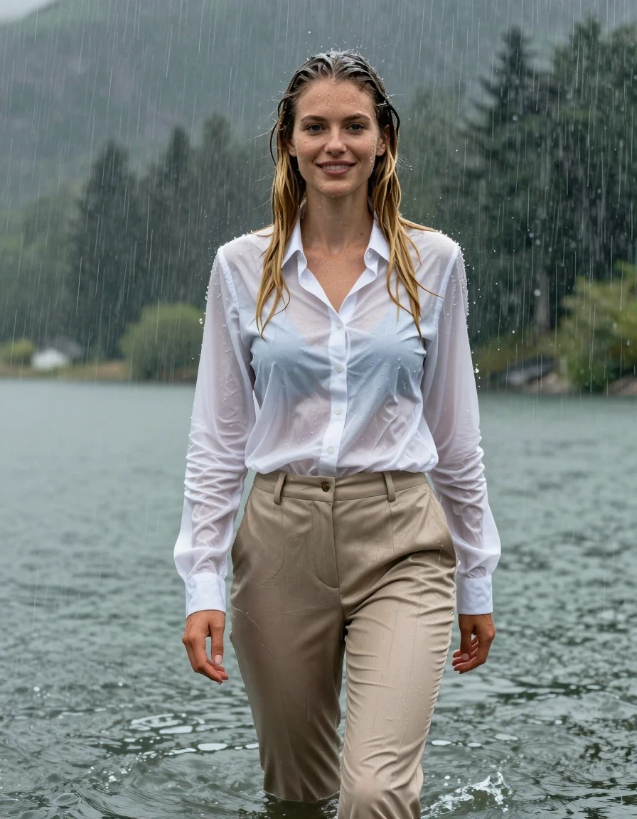 A full-body shot of a young European woman with a long layered cut and side-parted blonde hair, standing in deep water at a mountain lake during a heavy rainstorm. She is wearing a pristine white button-down long-sleeve shirt and beige business suit trousers. The clothing is completely soaked, drenched, and clinging tightly to her body, with the white fabric becoming translucent and the beige trousers darkening significantly due to water saturation. Her skin is glistening with wetness, and her hair is wet and slicked by the downpour. She has an open-eyed, gentle smile while showering under the heavy rain. The scene captures the raw intensity of a storm, with visible raindrops, heavy atmosphere, and realistic wet-look textures on fabric and skin. 4k high resolution, hyper-realistic photography, sharp focus, dramatic natural lighting, vibrant wet-skin reflections, damp fabric folds, and heavy water sheen.
