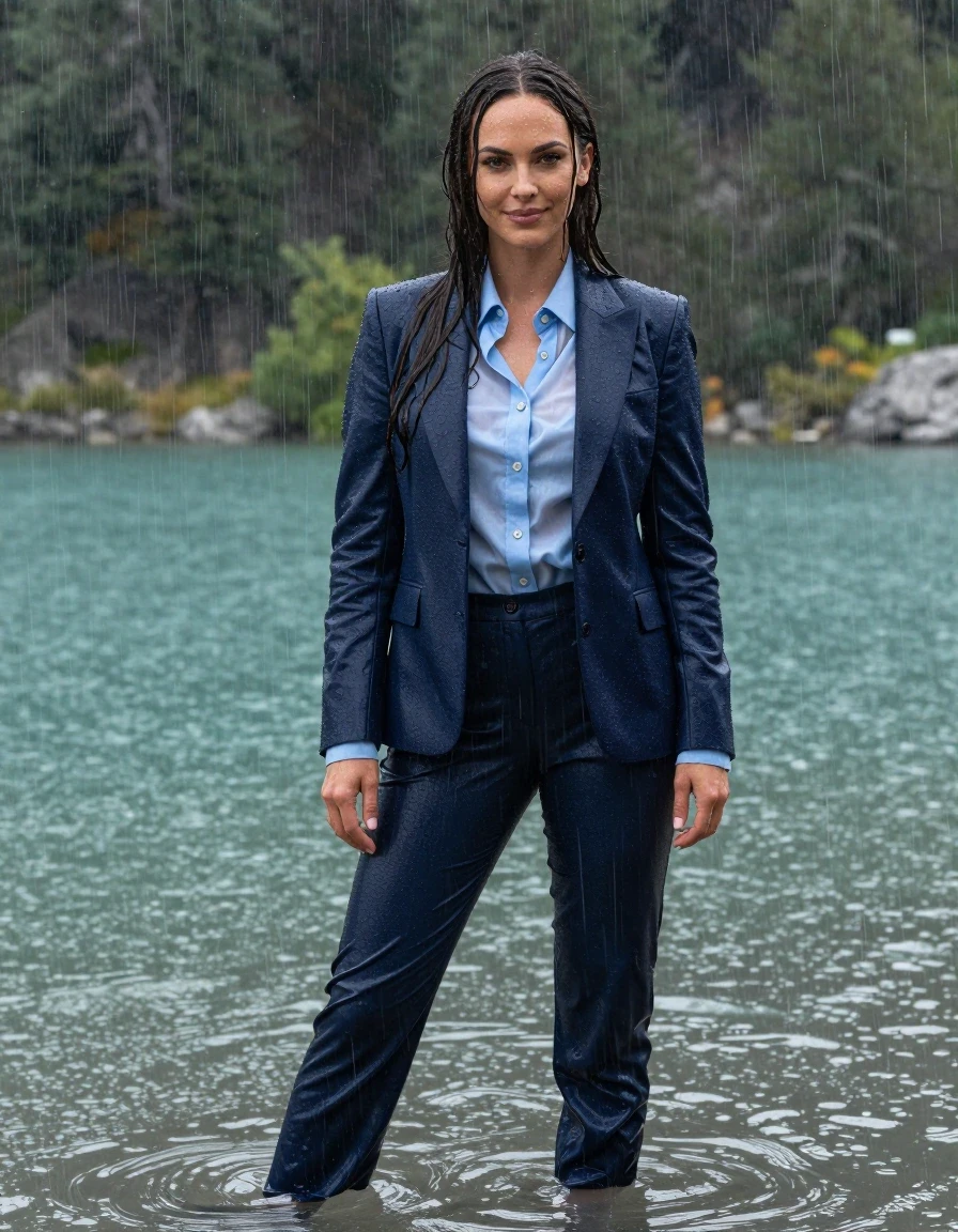 Full body shot of actress Megan Fox with a long layered cut and side-parted hair, standing in deep mountain lake water during a heavy rainstorm. She is wearing a dark blue business suit jacket over a light blue button-down long-sleeve shirt with a popped-up collar, paired with matching dark blue business suit trousers. The entire outfit is completely soaked and drenched, with the fabric heavily saturated, clinging to her body, and the light blue shirt becoming translucent. Her skin is glistening with water, and her hair is wet and slicked down. She has a slight, gentle smile and her eyes are open. The scene is set at a mountain lake under a torrential downpour, with visible rain streaks, water sheen on her skin, and heavy wet folds in the business attire. 4k resolution, hyper-realistic wetlook, high contrast, dramatic natural lighting, professional cinematography.