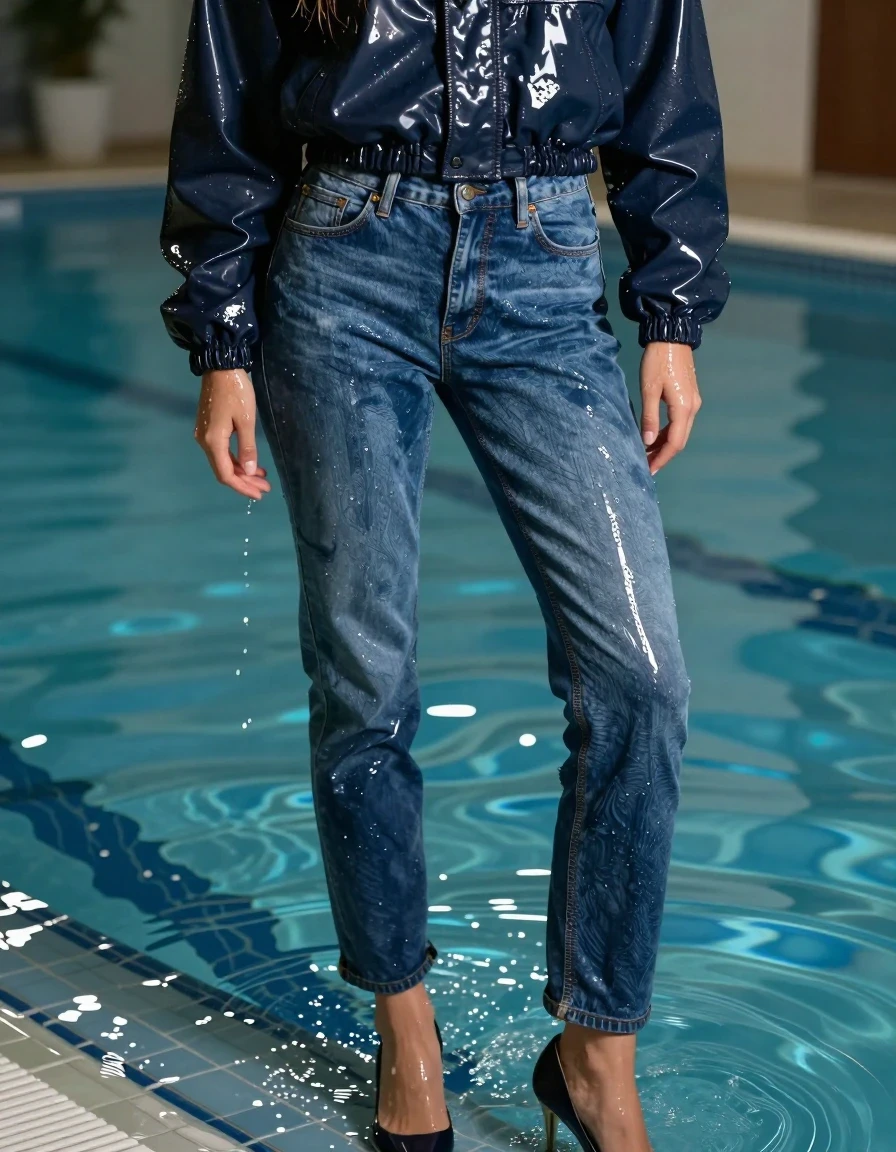 A photorealistic full-body shot of a young adult European woman standing in a shallow swimming pool. She is wearing a thick, insulated winter jacket over soaking-wet blue denim jeans, water-saturated heavyweight denim, blue changed to deep navy and indigo, substantially darker unevenly soaked patches, absorbed water, heavy wet folds, visible weave and stitching, and strong glossy specular reflections on the raised weave, seams, and creases. Her footwear consists of elegant bosé heels, partially submerged in the pool water. The woman has wet, slicked-back hair and glistening, damp skin. The winter jacket is heavy with absorbed water, showing darkened fabric and clinging, weighted folds. The environment is a bright, tiled indoor swimming pool with clear water, blue reflections, and soft, diffused overhead lighting. High-contrast photography, 8k resolution, cinematic lighting, sharp focus on the texture of the wet denim and the glossy sheen of the water-drenched clothing, realistic water dispersion, captured with a 35mm lens.