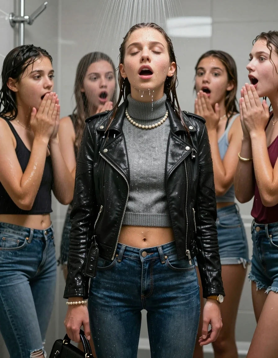 photo of young woman, in soaking wet, drenched clothes,
, Tight Levis skinny jeans, Biker leatherjacket, grey knit turtleneck sweater belly free, handbag, pearl necklace, bracelet, wristwatch, Group of Girls Under the shower, strong jet of water, in modern bathroom, 
enjoying, wet clothes stuck to body,
detailed textures of the wet clothes, wet face, wet plastered hair,
wet, drenched, professional, high-quality details, full body view.
sharp focus, ultra-high pixel detail, realistic, high-quality, full colors, incredibly detailed, 4k, 8k, 16k, hyper-realistic, RAW photo, masterpiece, ultra-detailed, professionally color graded, professional photograph, A realistic vertical fashion photograph of a Young 12-year-old teengirl and her friends. Completely soaked to the Skin.

Brunette Sleek long hair with a topknot. 
Open mouth, closed eyes. Looking up. 

The girls wear different clothes.

 shocked and astonished expression. 

her clothing is soaking wet and clinging tightly to her skin, showing heavy wet folds, darkened fabric texture, and deep water-saturated Patches, her clothes are heavy from the water, water runs from her body and her clothes in streams. A lot of water also runs out of her clothes. Her clothes are darkened by the water. Her submerged clothes are good visible under the water.  she soaked her handbag into the water.

close up view, wet skin, wet clothes, wet hair, damp fabric, water runs down the clothes, wet skin, wet clothes, damp fabric. cinematic medium shot, hyper-realistic wetness, high-contrast water sheen, sharp focus, 16k resolution, professional photography, realistic water physics., wet skin, wet clothes, damp fabric, wet skin, wet clothes, damp fabric, wet skin, wet clothes, damp fabric, wet skin, wet clothes, damp fabric, wet skin, wet clothes, damp fabric, wet skin, wet clothes, damp fabric, wet skin, wet clothes, damp fabric, wet skin, wet clothes, damp fabric, wet skin, wet clothes, damp fabric, wet skin, wet clothes, damp fabric, wet skin, wet clothes, damp fabric