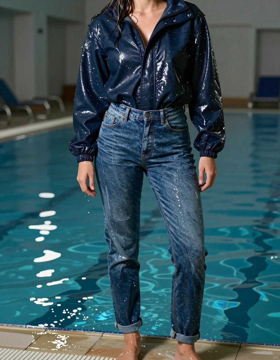 A photorealistic medium shot of a young adult European woman with wet skin and damp, slicked-back hair, standing inside a shallow indoor swimming pool. She is wearing a thick, water-logged winter jacket that appears heavy and saturated, with visible water weight and darkened, clinging fabric texture. She is wearing soaking-wet blue denim jeans, water-saturated heavyweight denim, blue changed to deep navy and indigo, substantially darker unevenly soaked patches, absorbed water, heavy wet folds, visible weave and stitching, and strong glossy specular reflections on the raised weave, seams, and creases. She is barefoot, with wet skin on her feet visible against the tiled pool floor. The scene is captured with sharp focus, realistic lighting reflecting off the water surface and the wet surfaces of her clothing, high-contrast textures, cinematic depth of field, 8k resolution, professional photography.