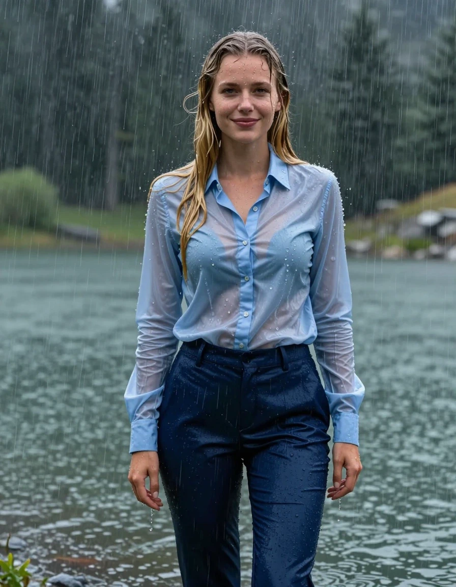 Full body photorealistic shot of a young European woman with long layered blond hair and a side parting, standing in a deep mountain lake during a heavy rain storm. She is wearing a light blue button-down long-sleeve shirt and dark blue business suit trousers. The clothing is completely soaked, fully drenched, and clinging tightly to her body; the light blue shirt is damp, translucent, and clings to her skin, while the dark blue trousers are saturated with water, heavy with folds, and display deep, dark navy tones with realistic wet fabric texture. Her skin is glistening with water, her hair is plastered to her head, and she is smiling slightly with open eyes while showering under the heavy rain. The atmosphere is stormy and wet, with visible raindrops and water sheen on all surfaces. High-resolution 4k, cinematic lighting, hyper-realistic wetlook, sharp focus on texture and water droplets.