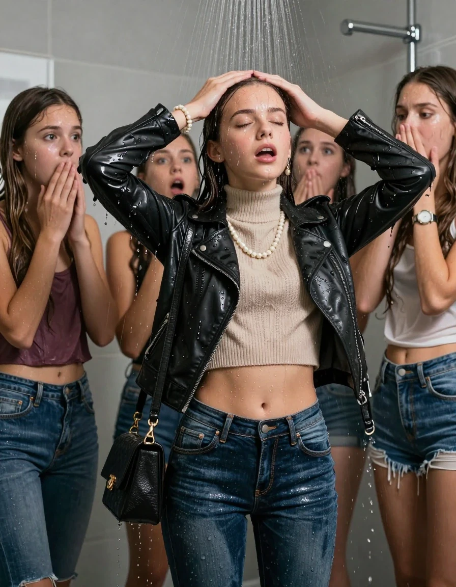 photo of young woman, in soaking wet, drenched clothes,
, Tight Levis skinny jeans, Biker leatherjacket, knit turtleneck sweater belly free, shoulderbag, pearl necklace, bracelet, wristwatch, Group of Girls Under the shower, strong jet of water, in modern bathroom, 
enjoying, wet clothes stuck to body,
detailed textures of the wet clothes, wet face, wet plastered hair,
wet, drenched, professional, high-quality details, full body view.
sharp focus, ultra-high pixel detail, realistic, high-quality, full colors, incredibly detailed, 4k, 8k, 16k, hyper-realistic, RAW photo, masterpiece, ultra-detailed, professionally color graded, professional photograph, A realistic vertical fashion photograph of a Young 12-year-old teengirl and her friends. Completely soaked to the Skin.

Brunette Sleek long hair with a topknot. 
Open mouth, closed eyes. Looking up away.  Hold her hands over her forehead.

The girls wear different clothes.

 shocked and astonished expression. 

her clothing is soaking wet and clinging tightly to her skin, showing heavy wet folds, darkened fabric texture, and deep water-saturated Patches, her clothes are heavy from the water, water runs from her body and her clothes in streams. A lot of water also runs out of her clothes. Her clothes are darkened by the water. Her submerged clothes are good visible under the water.  she soaked her handbag into the water.

close up view, wet skin, wet clothes, wet hair, damp fabric, water runs down the clothes, wet skin, wet clothes, damp fabric. cinematic medium shot, hyper-realistic wetness, high-contrast water sheen, sharp focus, 16k resolution, professional photography, realistic water physics., wet skin, wet clothes, damp fabric, wet skin, wet clothes, damp fabric, wet skin, wet clothes, damp fabric, wet skin, wet clothes, damp fabric, wet skin, wet clothes, damp fabric, wet skin, wet clothes, damp fabric, wet skin, wet clothes, damp fabric, wet skin, wet clothes, damp fabric, wet skin, wet clothes, damp fabric, wet skin, wet clothes, damp fabric, wet skin, wet clothes, damp fabric