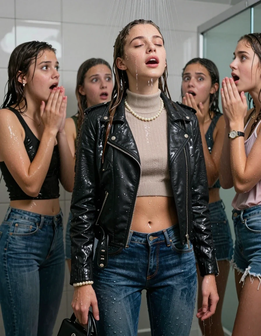 photo of young woman, in soaking wet, drenched clothes,
, Tight Levis skinny jeans, Biker leatherjacket, knit turtleneck sweater belly free, handbag, pearl necklace, bracelet, wristwatch, Group of Girls Under the shower, strong jet of water, in modern bathroom, 
enjoying, wet clothes stuck to body,
detailed textures of the wet clothes, wet face, wet plastered hair,
wet, drenched, professional, high-quality details, full body view.
sharp focus, ultra-high pixel detail, realistic, high-quality, full colors, incredibly detailed, 4k, 8k, 16k, hyper-realistic, RAW photo, masterpiece, ultra-detailed, professionally color graded, professional photograph, A realistic vertical fashion photograph of a Young 12-year-old teengirl and her friends. Completely soaked to the Skin.

Brunette Sleek long hair with a topknot. 
Open mouth, closed eyes. Looking up. 

The girls wear different clothes.

 shocked and astonished expression. 

her clothing is soaking wet and clinging tightly to her skin, showing heavy wet folds, darkened fabric texture, and deep water-saturated Patches, her clothes are heavy from the water, water runs from her body and her clothes in streams. A lot of water also runs out of her clothes. Her clothes are darkened by the water. Her submerged clothes are good visible under the water.  she soaked her handbag into the water.

close up view, wet skin, wet clothes, wet hair, damp fabric, water runs down the clothes, wet skin, wet clothes, damp fabric. cinematic medium shot, hyper-realistic wetness, high-contrast water sheen, sharp focus, 16k resolution, professional photography, realistic water physics., wet skin, wet clothes, damp fabric, wet skin, wet clothes, damp fabric, wet skin, wet clothes, damp fabric, wet skin, wet clothes, damp fabric, wet skin, wet clothes, damp fabric, wet skin, wet clothes, damp fabric, wet skin, wet clothes, damp fabric, wet skin, wet clothes, damp fabric, wet skin, wet clothes, damp fabric, wet skin, wet clothes, damp fabric, wet skin, wet clothes, damp fabric