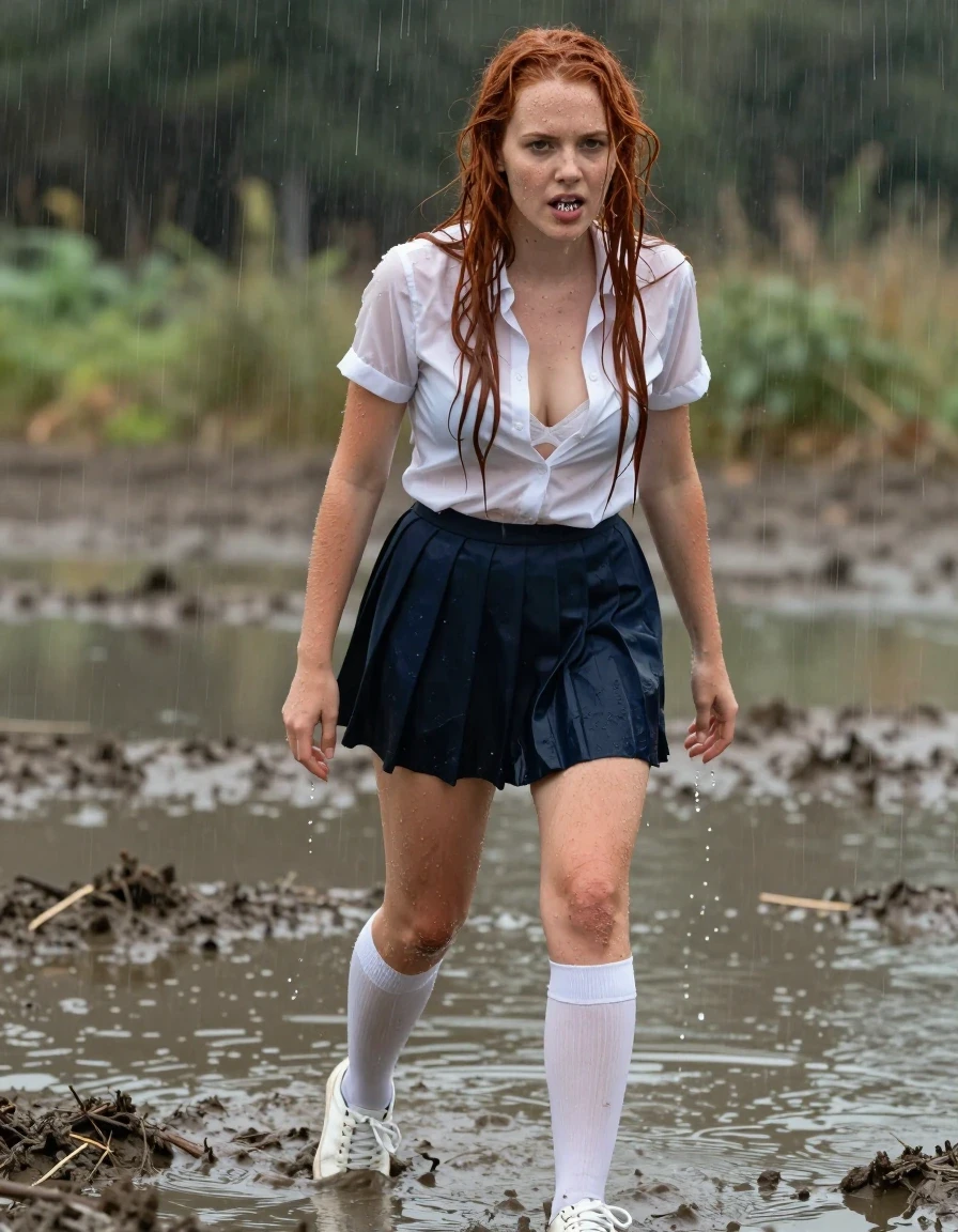 photo of young woman, in soaking wet, drenched clothes,
wet white sneakers, wet knee high white socks wet fabric, very very  short wet navy blue schoolgirl skirt, wet white blouse partially unbuttoned showing wet white bra, standing in a muddy swamp up to her knees in water, 
enjoying, wet clothes stuck to body,
detailed textures of the wet clothes, wet face, wet plastered hair,
wet, drenched, professional, high-quality details, full body view.
sharp focus, ultra-high pixel detail, realistic, high-quality, full colors, incredibly detailed, 4k, 8k, 16k, hyper-realistic, RAW photo, masterpiece, ultra-detailed, professionally color graded, professional photograph, wet tangled long red hair hanging down front of blouse
clothes are muddy, mad expression on facing with mouth saying "Fuck", wet skin, wet clothes, damp fabric, raining, water dripping off hair, body and clothes, wet skin, wet clothes, damp fabric