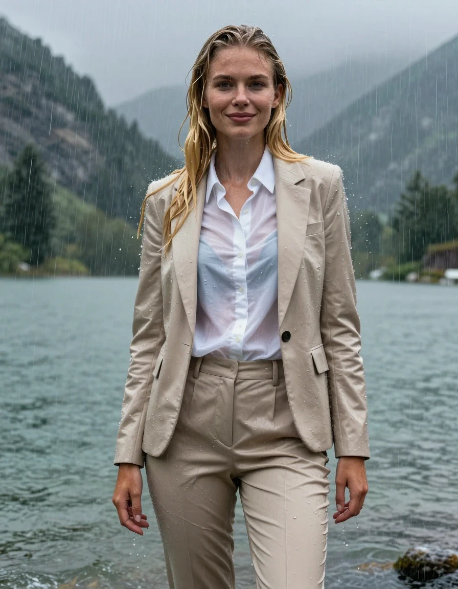 Full body shot of a young European woman with long layered blond hair styled in a side parting, standing in the deep water of a mountain lake during a heavy rain storm. She is wearing a white button-down long-sleeve shirt under a beige business suit jacket and matching beige business suit trousers. Her entire outfit is completely soaked and drenched, with the fabric heavily saturated, clinging to her body, and the white shirt becoming translucent from the rain. Her skin and hair are glistening with water, featuring a realistic wetlook sheen. She is smiling slightly with open eyes, looking directly ahead while showering under the intense downpour. The environment is a dramatic, moody mountain lake under a storm, with heavy rain streaks visible in the air. High-resolution photographic quality, realistic wet fabric textures, dark soaked patches on the beige suit, water dripping from her hair and clothes, sharp focus, cinematic lighting, 4k.