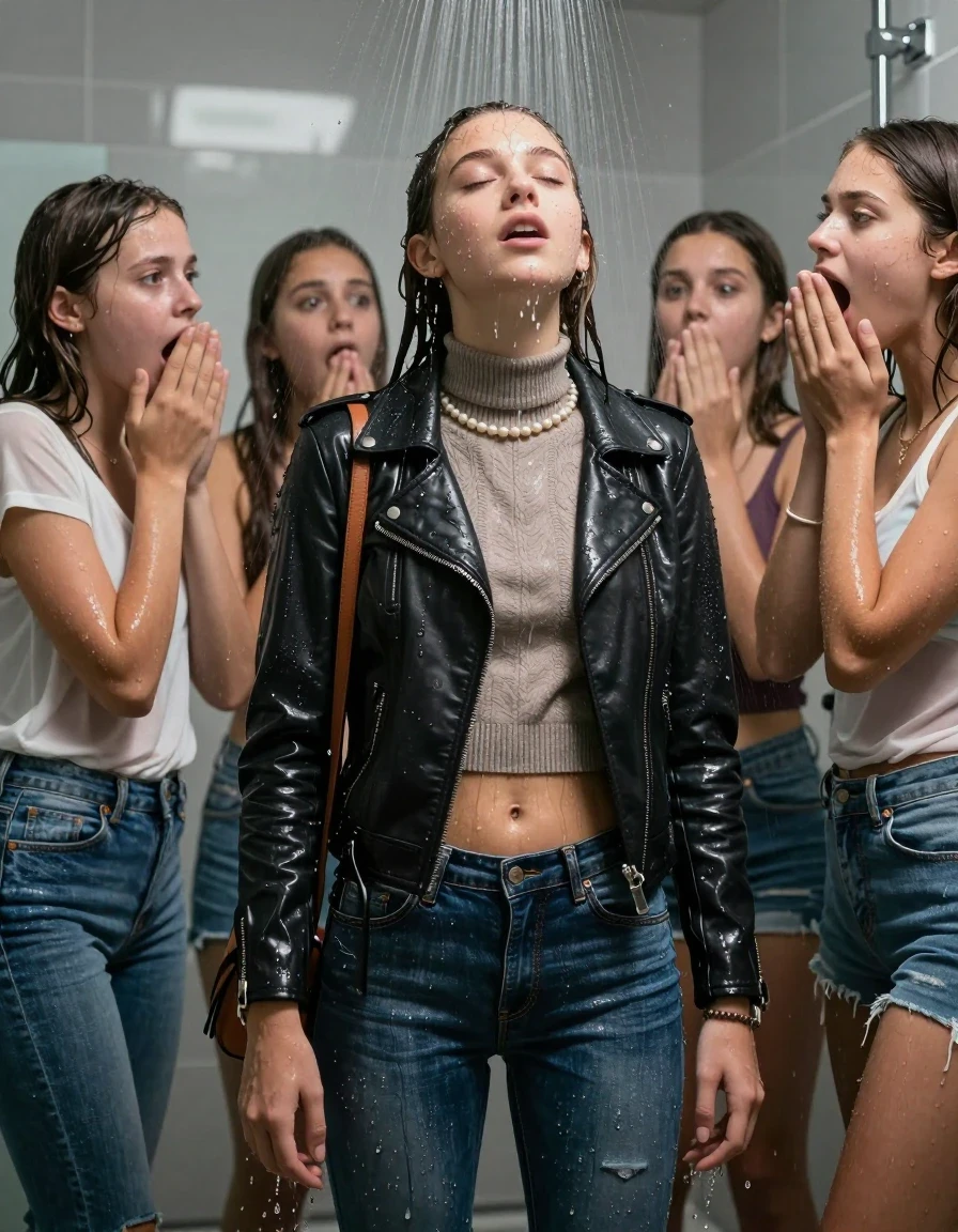 photo of young woman, in soaking wet, drenched clothes,
, Tight Levis skinny jeans, Biker leatherjacket, knit turtleneck sweater belly free, shoulderbag, pearl necklace, bracelet, wristwatch, Group of Girls Under the shower, strong jet of water, in modern bathroom, 
enjoying, wet clothes stuck to body,
detailed textures of the wet clothes, wet face, wet plastered hair,
wet, drenched, professional, high-quality details, full body view.
sharp focus, ultra-high pixel detail, realistic, high-quality, full colors, incredibly detailed, 4k, 8k, 16k, hyper-realistic, RAW photo, masterpiece, ultra-detailed, professionally color graded, professional photograph, A realistic vertical fashion photograph of a Young 12-year-old teengirl and her friends. Completely soaked to the Skin.

Brunette Sleek long hair with a topknot. 
Open mouth, closed eyes. Looking up. 

The girls wear different clothes.

 shocked and astonished expression. 

her clothing is soaking wet and clinging tightly to her skin, showing heavy wet folds, darkened fabric texture, and deep water-saturated Patches, her clothes are heavy from the water, water runs from her body and her clothes in streams. A lot of water also runs out of her clothes. Her clothes are darkened by the water. Her submerged clothes are good visible under the water.  she soaked her handbag into the water.

close up view, wet skin, wet clothes, wet hair, damp fabric, water runs down the clothes, wet skin, wet clothes, damp fabric. cinematic medium shot, hyper-realistic wetness, high-contrast water sheen, sharp focus, 16k resolution, professional photography, realistic water physics., wet skin, wet clothes, damp fabric, wet skin, wet clothes, damp fabric, wet skin, wet clothes, damp fabric, wet skin, wet clothes, damp fabric, wet skin, wet clothes, damp fabric, wet skin, wet clothes, damp fabric, wet skin, wet clothes, damp fabric, wet skin, wet clothes, damp fabric, wet skin, wet clothes, damp fabric, wet skin, wet clothes, damp fabric, wet skin, wet clothes, damp fabric