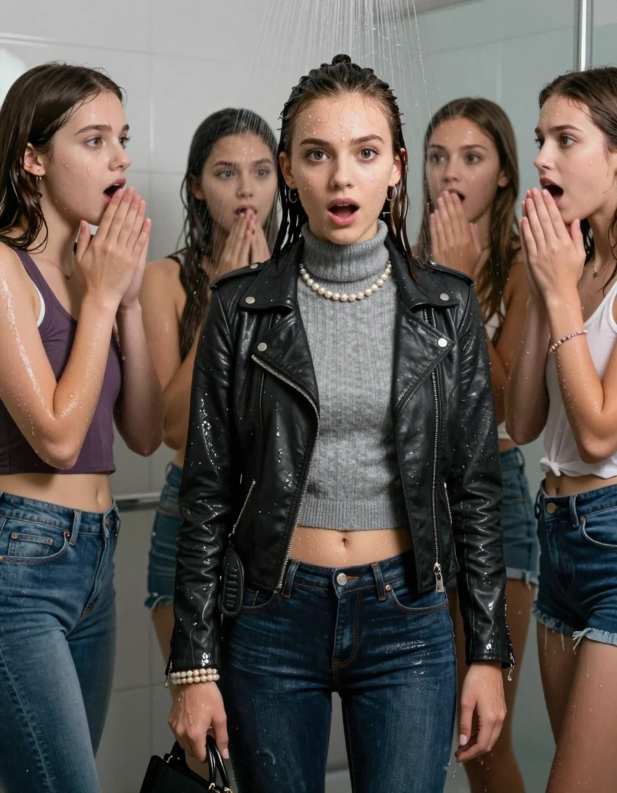 photo of young woman, in soaking wet, drenched clothes,
, Tight Levis skinny jeans, Biker leatherjacket, grey knit turtleneck sweater belly free, handbag, pearl necklace, bracelet, wristwatch, Group of Girls Under the shower, strong jet of water, in modern bathroom, 
enjoying, wet clothes stuck to body,
detailed textures of the wet clothes, wet face, wet plastered hair,
wet, drenched, professional, high-quality details, full body view.
sharp focus, ultra-high pixel detail, realistic, high-quality, full colors, incredibly detailed, 4k, 8k, 16k, hyper-realistic, RAW photo, masterpiece, ultra-detailed, professionally color graded, professional photograph, A realistic vertical fashion photograph of a Young 12-year-old teengirl and her friends. Completely soaked to the Skin.

Brunette Sleek long hair with a topknot. 
Open mouth, big eyes. Looking at camera. 

The girls wear different clothes.

 shocked and astonished expression. 

her clothing is soaking wet and clinging tightly to her skin, showing heavy wet folds, darkened fabric texture, and deep water-saturated Patches, her clothes are heavy from the water, water runs from her body and her clothes in streams. A lot of water also runs out of her clothes. Her clothes are darkened by the water. Her submerged clothes are good visible under the water.  she soaked her handbag into the water.

close up view, wet skin, wet clothes, wet hair, damp fabric, water runs down the clothes, wet skin, wet clothes, damp fabric. cinematic medium shot, hyper-realistic wetness, high-contrast water sheen, sharp focus, 16k resolution, professional photography, realistic water physics., wet skin, wet clothes, damp fabric, wet skin, wet clothes, damp fabric, wet skin, wet clothes, damp fabric, wet skin, wet clothes, damp fabric, wet skin, wet clothes, damp fabric, wet skin, wet clothes, damp fabric, wet skin, wet clothes, damp fabric, wet skin, wet clothes, damp fabric, wet skin, wet clothes, damp fabric, wet skin, wet clothes, damp fabric, wet skin, wet clothes, damp fabric