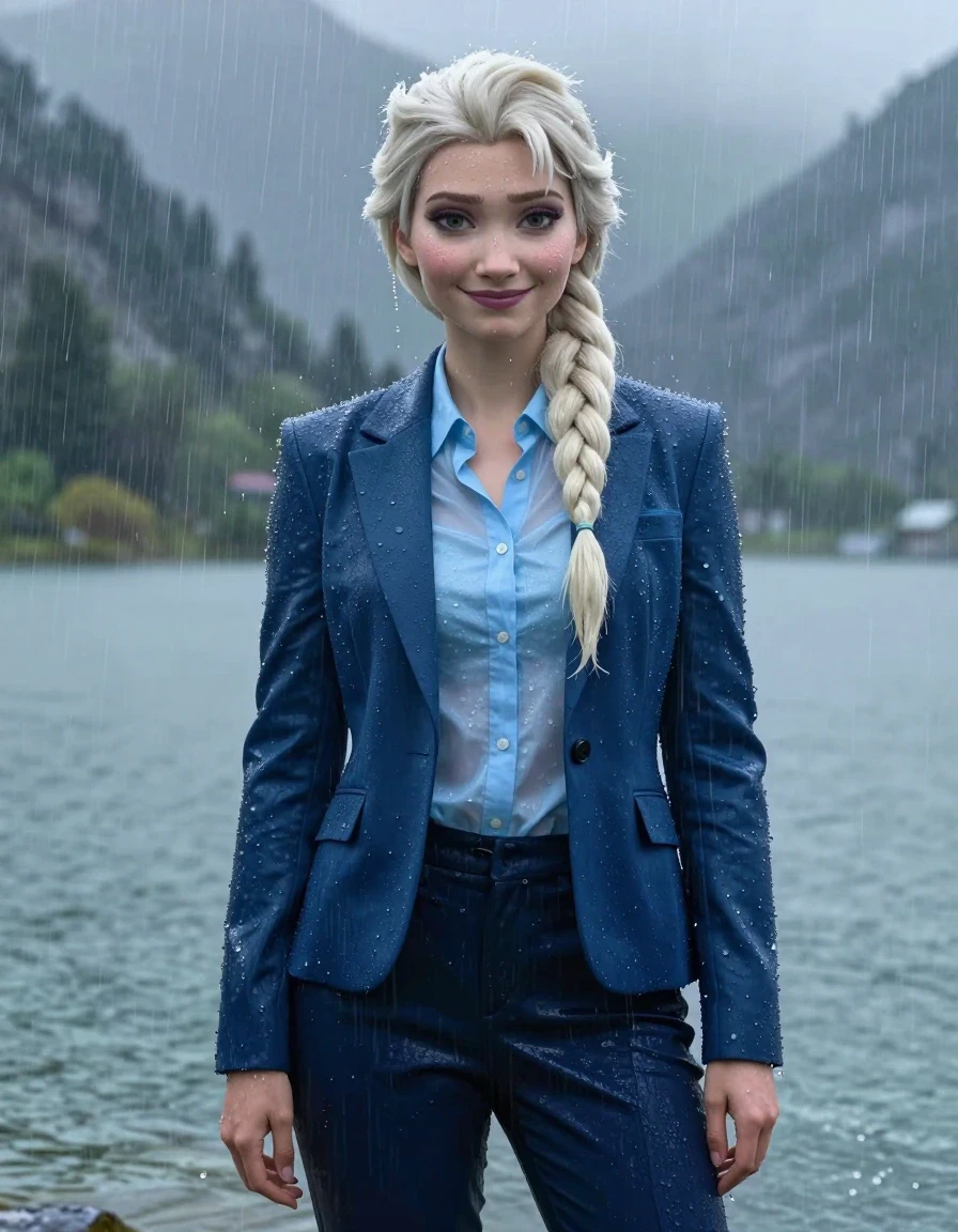 A photorealistic full-body portrait of a young adult European woman resembling Elsa from Frozen, standing in the deep water of a mountain lake during a torrential rainstorm. She has a Long Layered Cut hairstyle with a side parting, wet hair strands clinging to her face and neck, and glistening, rain-slicked wet skin. She is wearing a dark blue business suit jacket with a light blue button-down long-sleeve shirt underneath, featuring a popped-up collar. She is also wearing dark blue business suit trousers. Every piece of clothing is completely soaked, fully drenched, and heavy with water, with the fabric clinging tightly to her body and the light blue shirt becoming translucent from the saturation. Her expression is a subtle, gentle smile with open, clear eyes. The atmosphere is a heavy rainstorm with visible cascading water, creating a wetlook aesthetic with dark, saturated fabric tones, deep folds, and heavy water-logged textures. The scene is captured in 4k high resolution with sharp focus on the wet skin textures and the clinging, damp fabric of the suit, set against the backdrop of a moody, overcast mountain lake environment.