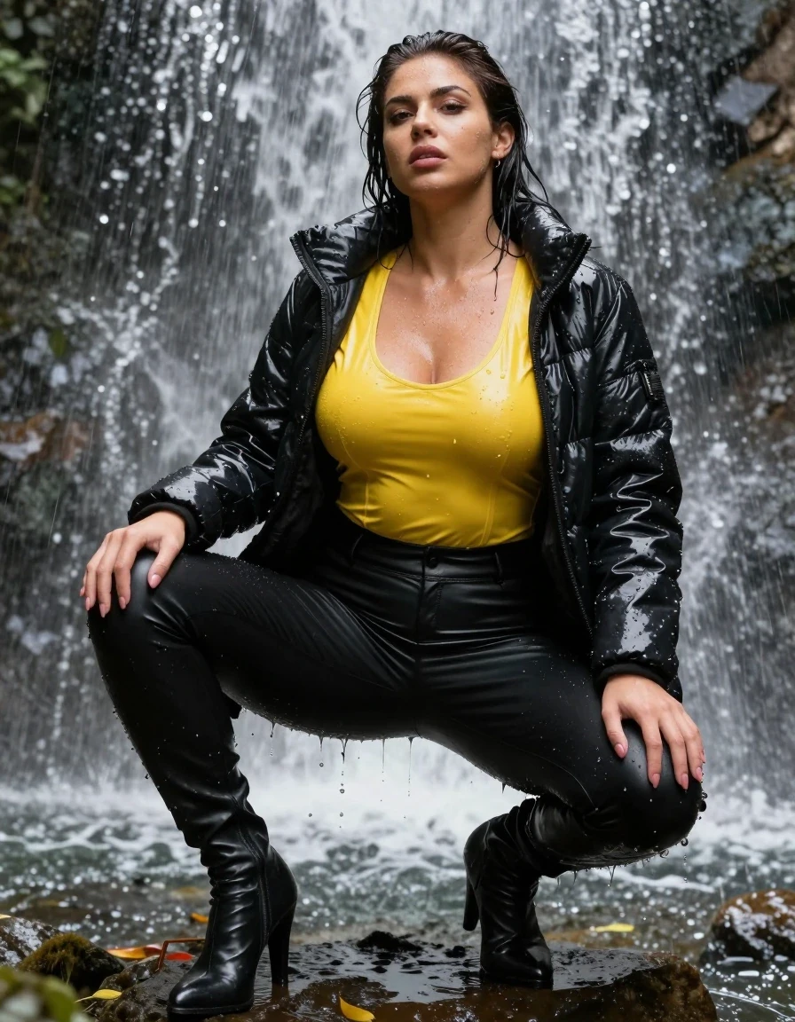 photo of young woman, in soaking wet, drenched clothes,
high heels leather boot, wet shiny black leather leggings, wet shiny yellow pvc shirt, wet shiny black puffer jacket, under a waterfall, 
enjoying, wet clothes stuck to body,
detailed textures of the wet clothes, wet face, wet plastered hair,
wet, drenched, professional, high-quality details, full body view.
sharp focus, ultra-high pixel detail, realistic, high-quality, full colors, incredibly detailed, 4k, 8k, 16k, hyper-realistic, RAW photo, masterpiece, ultra-detailed, professionally color graded, professional photograph, 40 years old very big boobs very fat ebony girl, no Bra, wet skin, wet clothes, damp fabric, wet skin, wet clothes, damp fabric