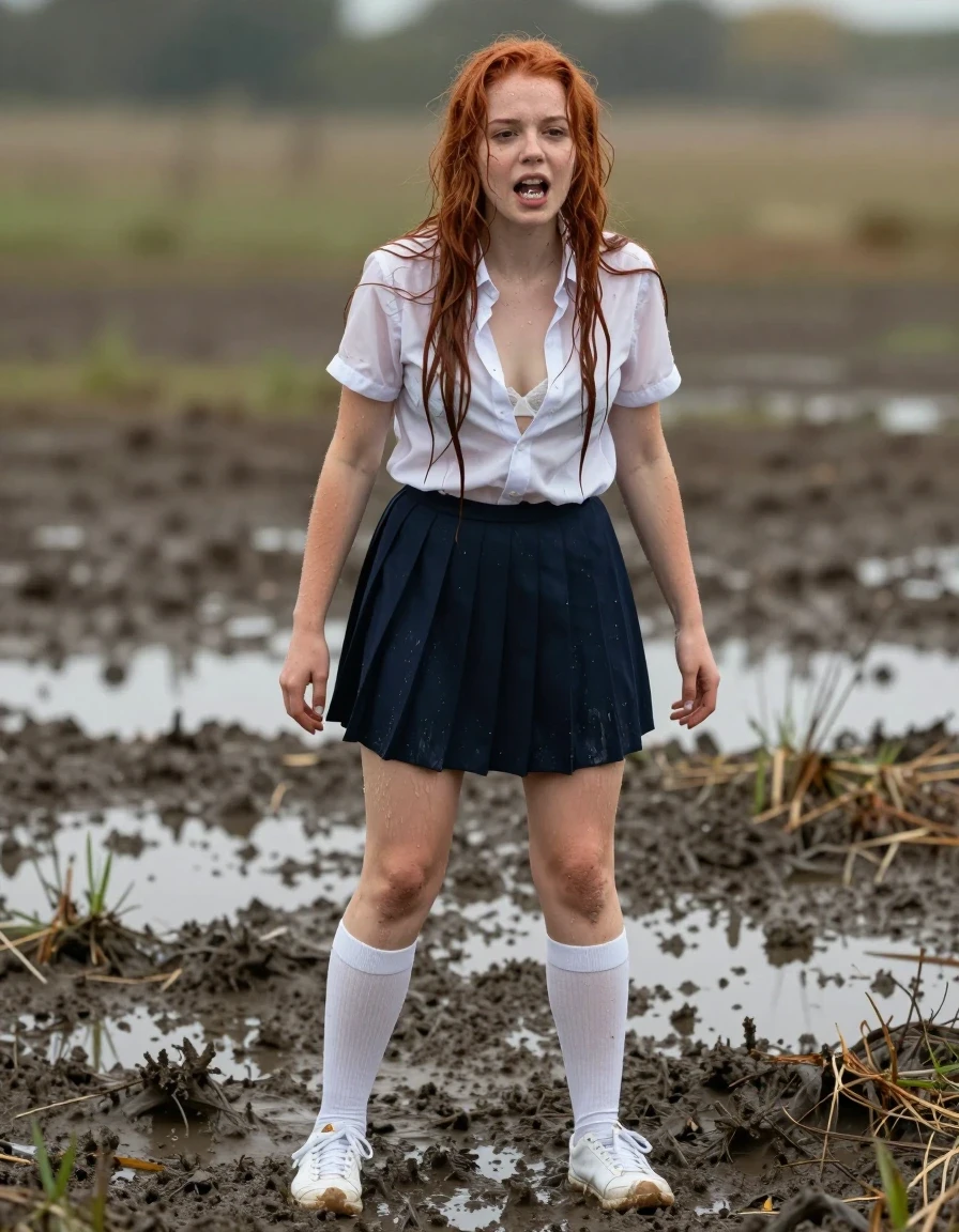 photo of young woman, in soaking wet, drenched clothes,
wet white sneakers, wet knee high white socks wet fabric, short wet navy blue schoolgirl skirt, wet white blouse partially unbuttoned showing wet white bra, standing in a muddy swamp up to her ankles, 
enjoying, wet clothes stuck to body,
detailed textures of the wet clothes, wet face, wet plastered hair,
wet, drenched, professional, high-quality details, full body view.
sharp focus, ultra-high pixel detail, realistic, high-quality, full colors, incredibly detailed, 4k, 8k, 16k, hyper-realistic, RAW photo, masterpiece, ultra-detailed, professionally color graded, professional photograph, wet tangled long red hair hanging down front of blouse
clothes are muddy, mad expression on facing with mouth saying "Fuck", wet skin, wet clothes, damp fabric